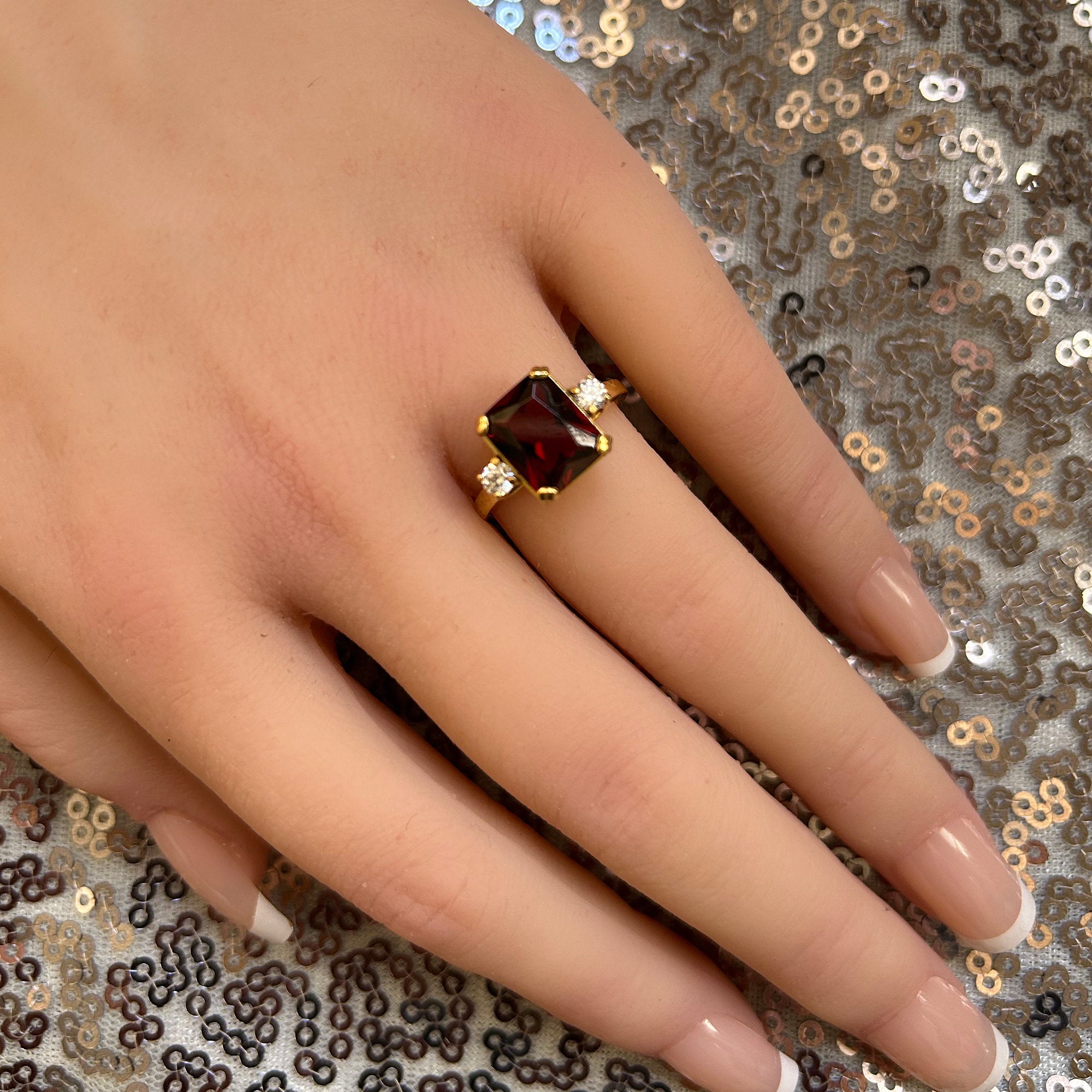 Octagon Red Garnet Ring with Clear Quartz Accents - H.L.Jewelry