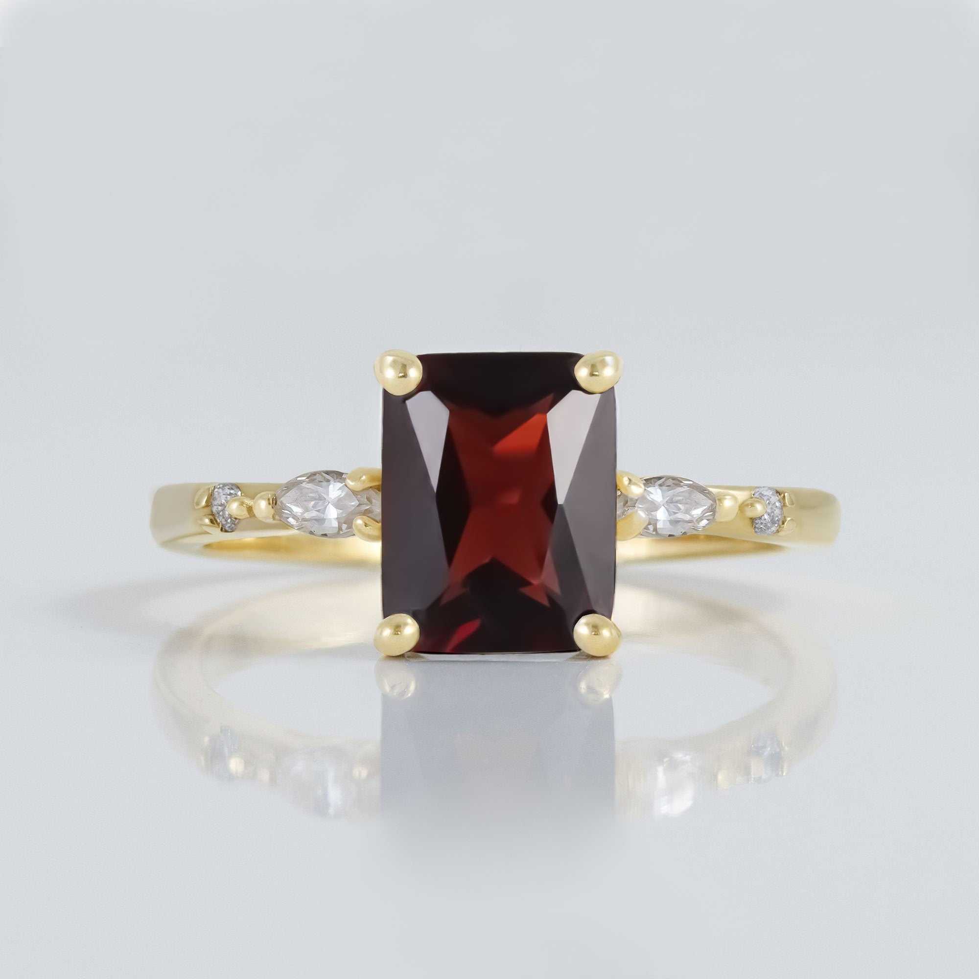 Octagon Red Garnet Ring with Clear Quartz Accents - H.L.Jewelry