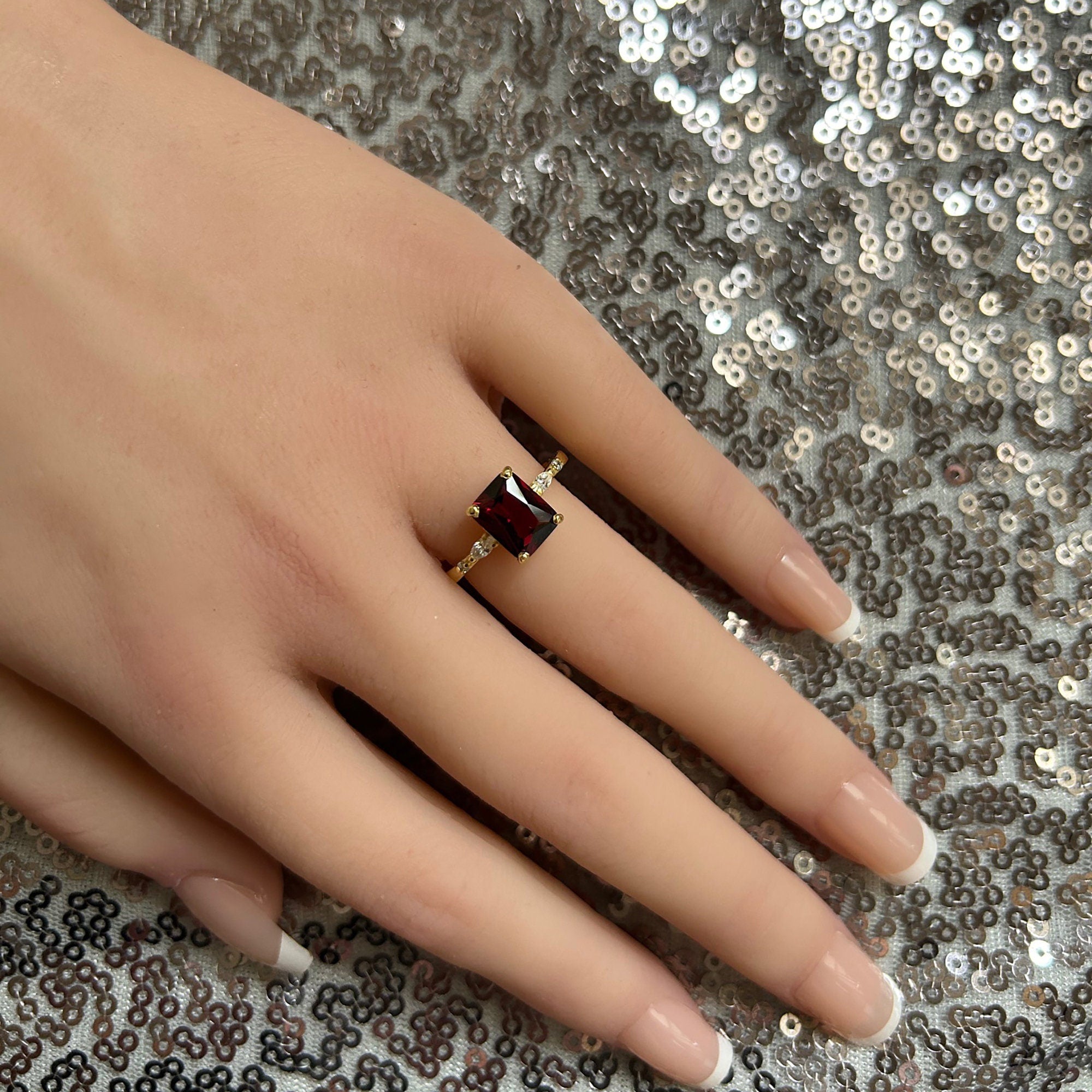 Octagon Red Garnet Ring with Clear Quartz Accents - H.L.Jewelry
