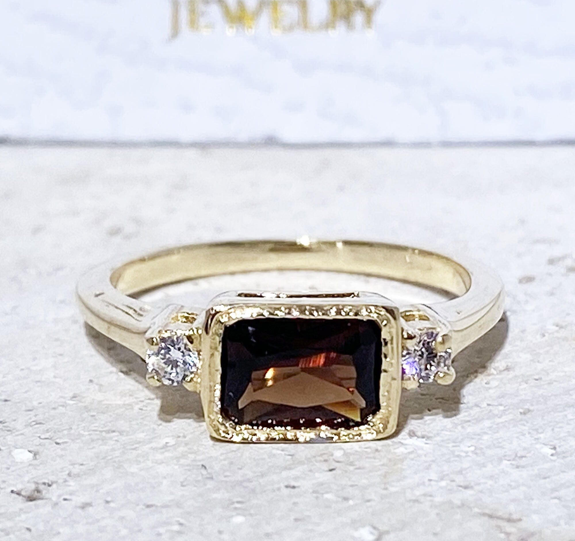 Octagon Red Garnet Simple Ring with Clear Quartz Accents - H.L.Jewelry