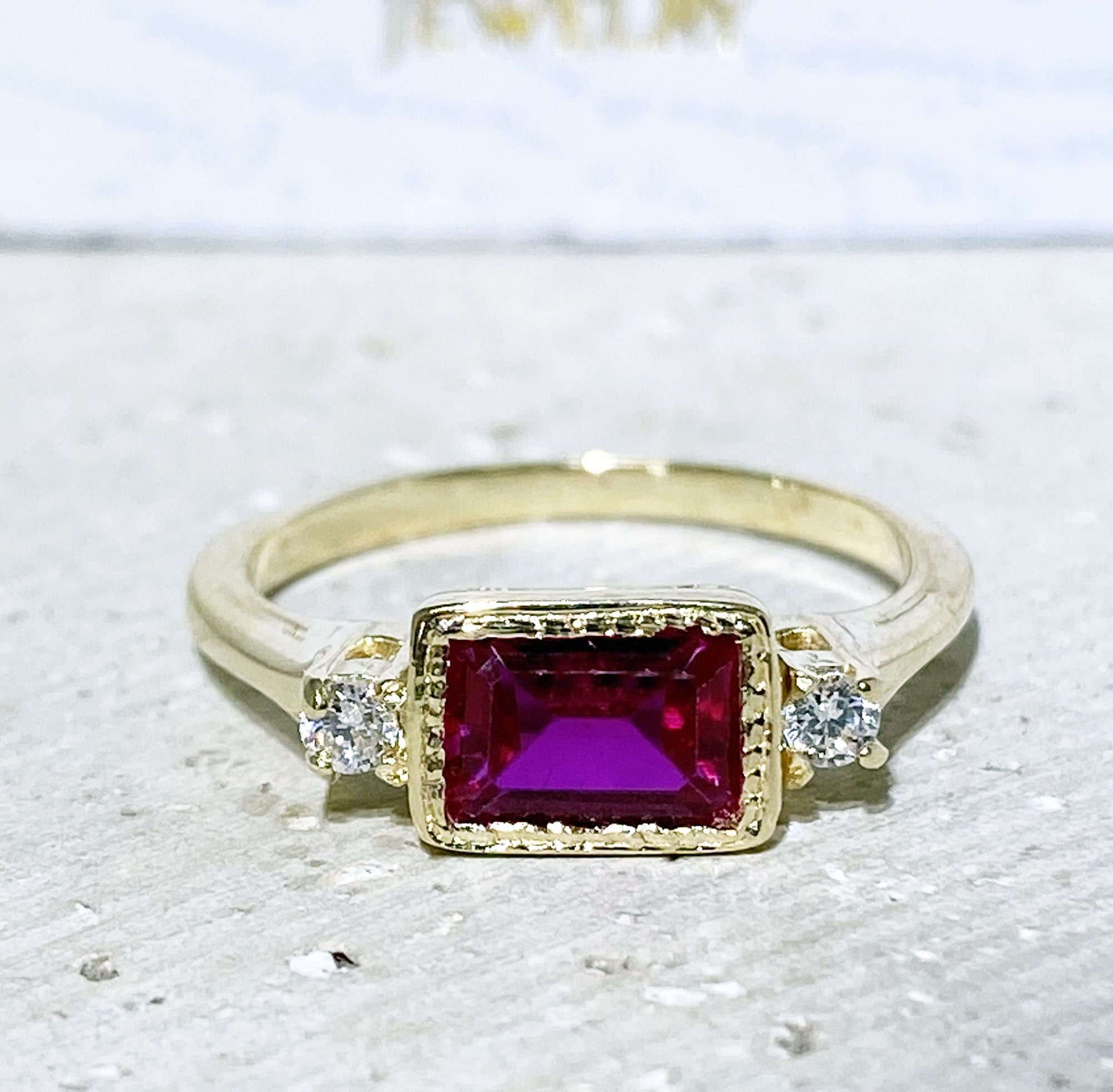 Octagon Ruby Simple Ring with Clear Quartz Accents - H.L.Jewelry
