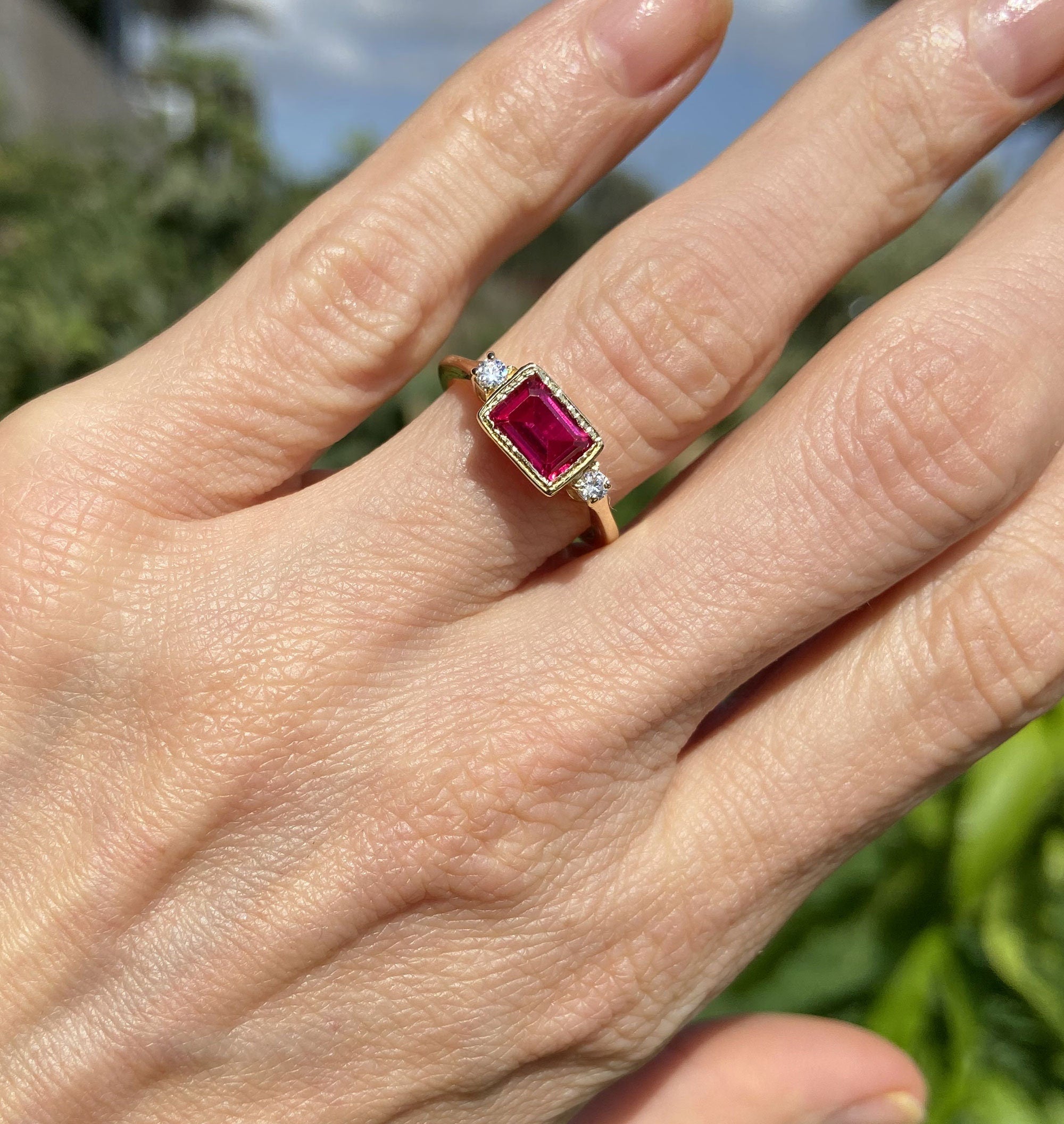 Octagon Ruby Simple Ring with Clear Quartz Accents - H.L.Jewelry