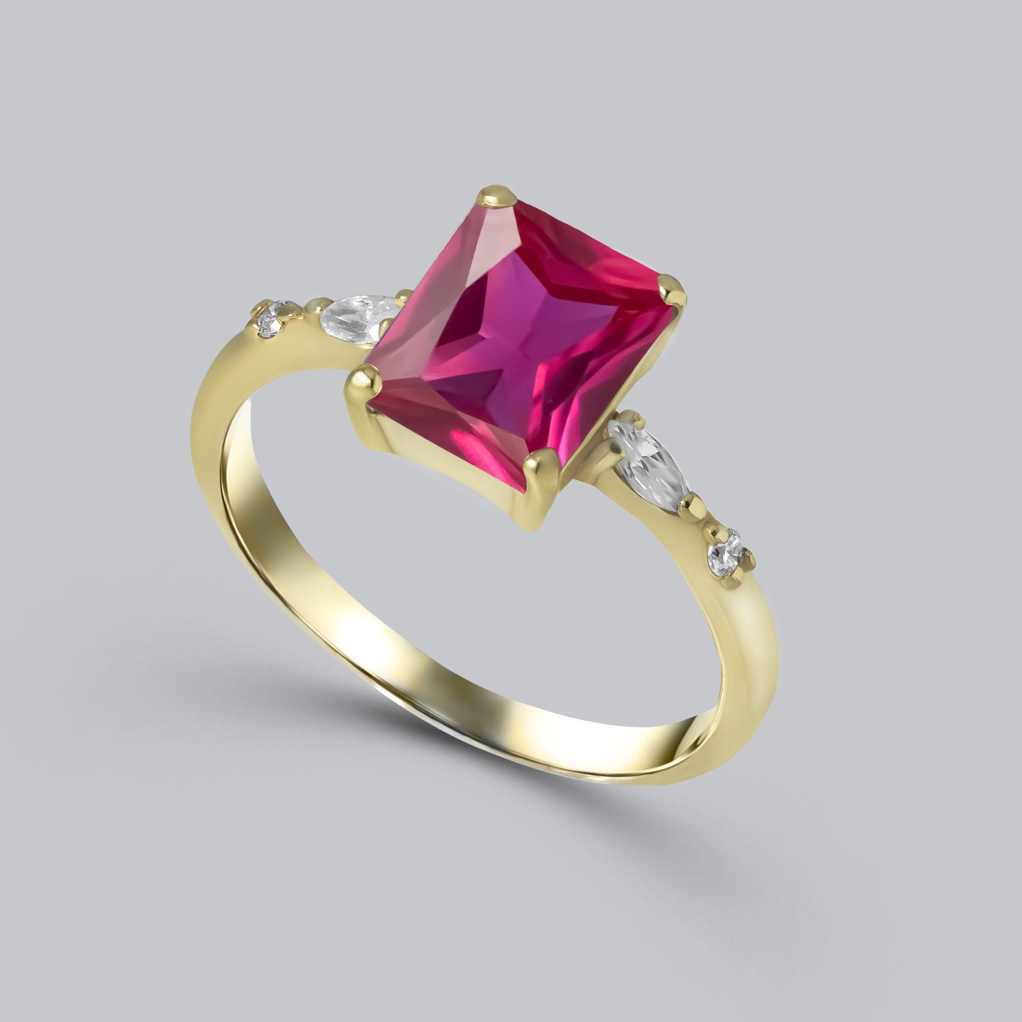 Octagon Ruby Statement Ring with Clear Quartz Accents - H.L.Jewelry