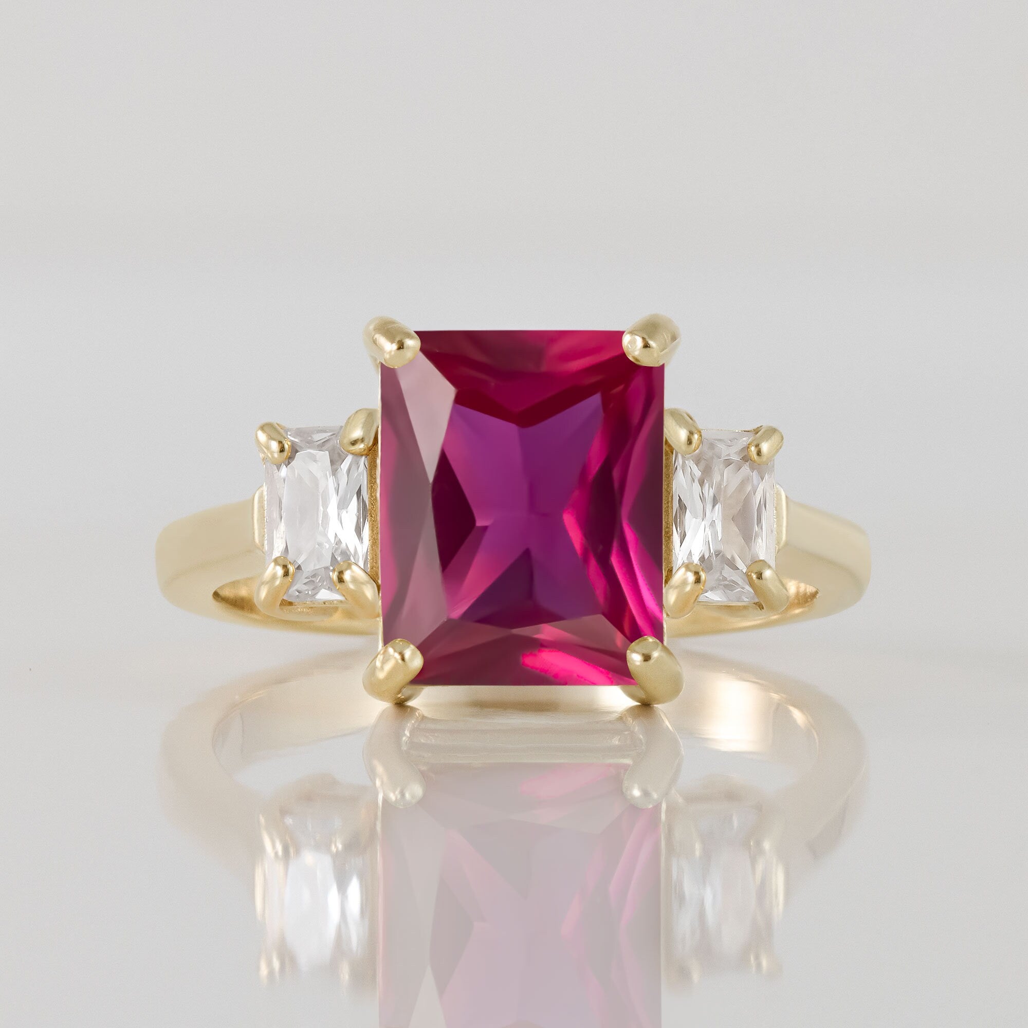 Octagon Ruby Statement Ring with Clear Quartz Accents - H.L.Jewelry