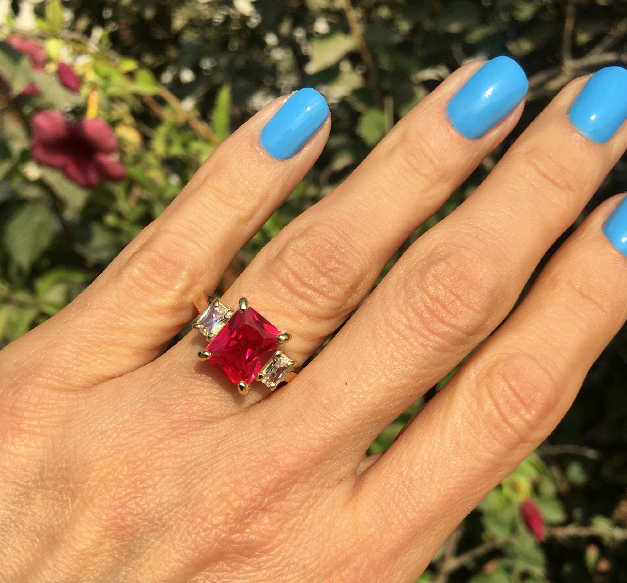Octagon Ruby Statement Ring with Clear Quartz Accents - H.L.Jewelry