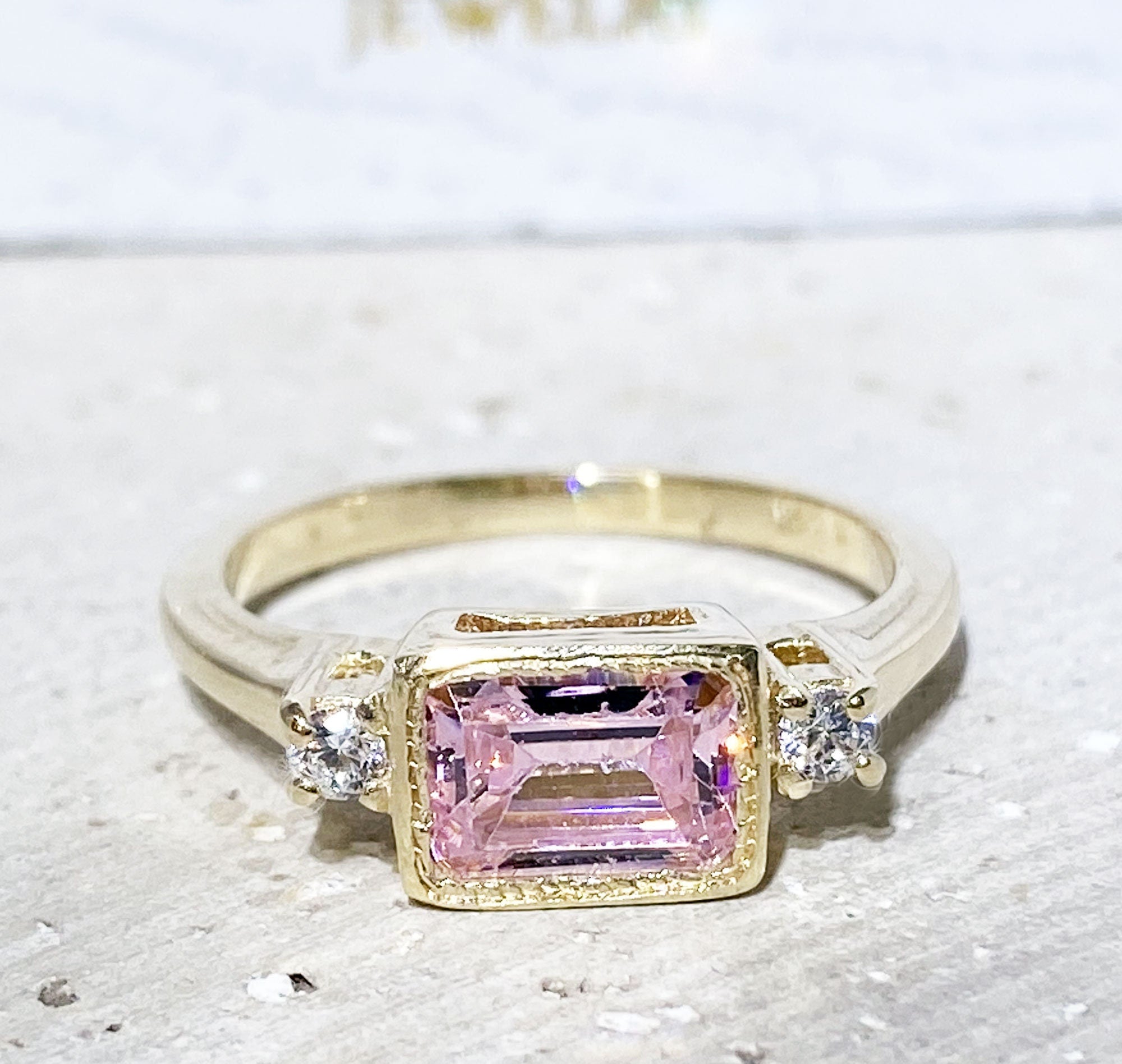 October Birthstone East-West Emerald-Cut Rose Quartz Ring with Clear Quartz Accents - H.L.Jewelry