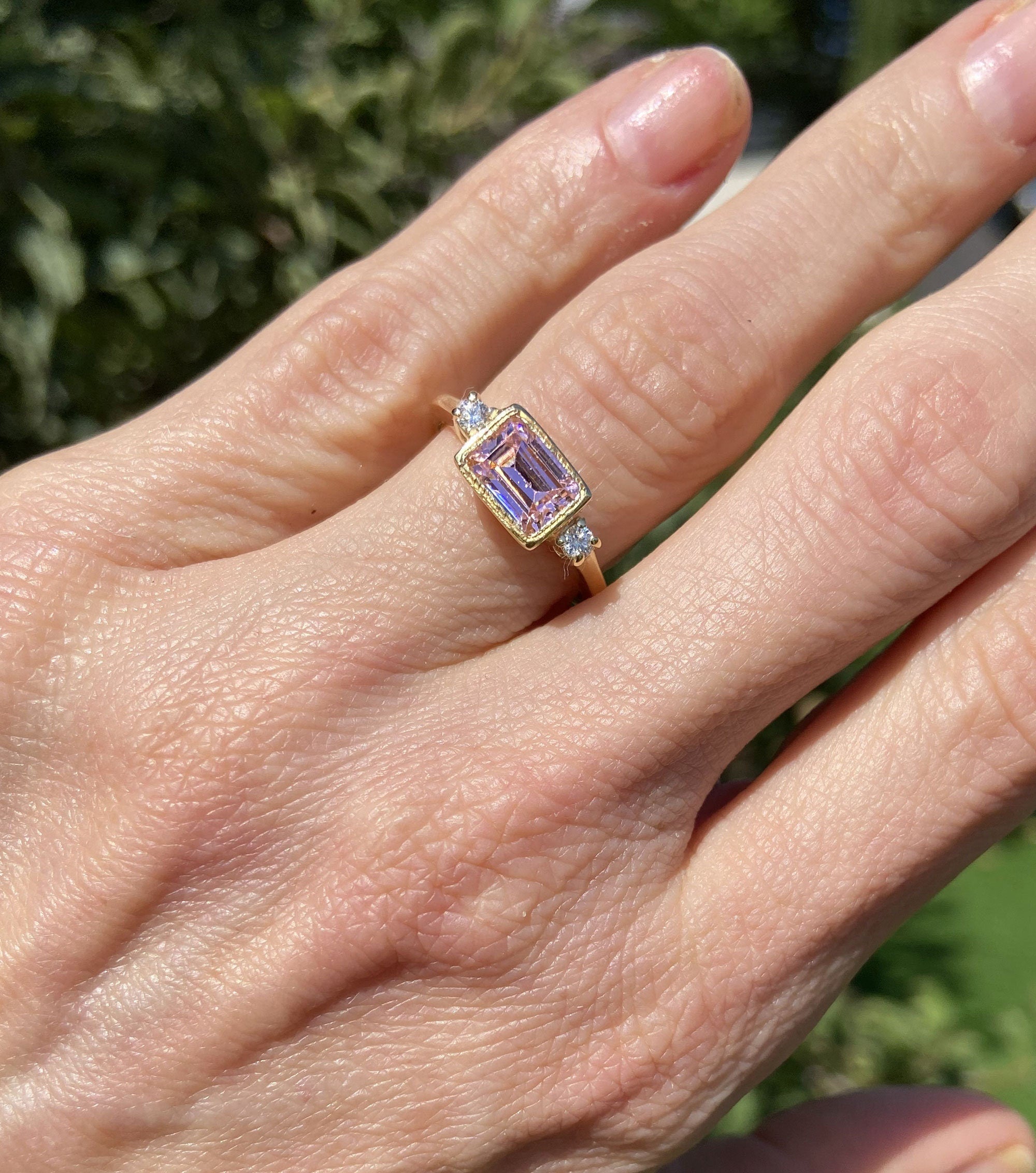 October Birthstone East-West Emerald-Cut Rose Quartz Ring with Clear Quartz Accents - H.L.Jewelry