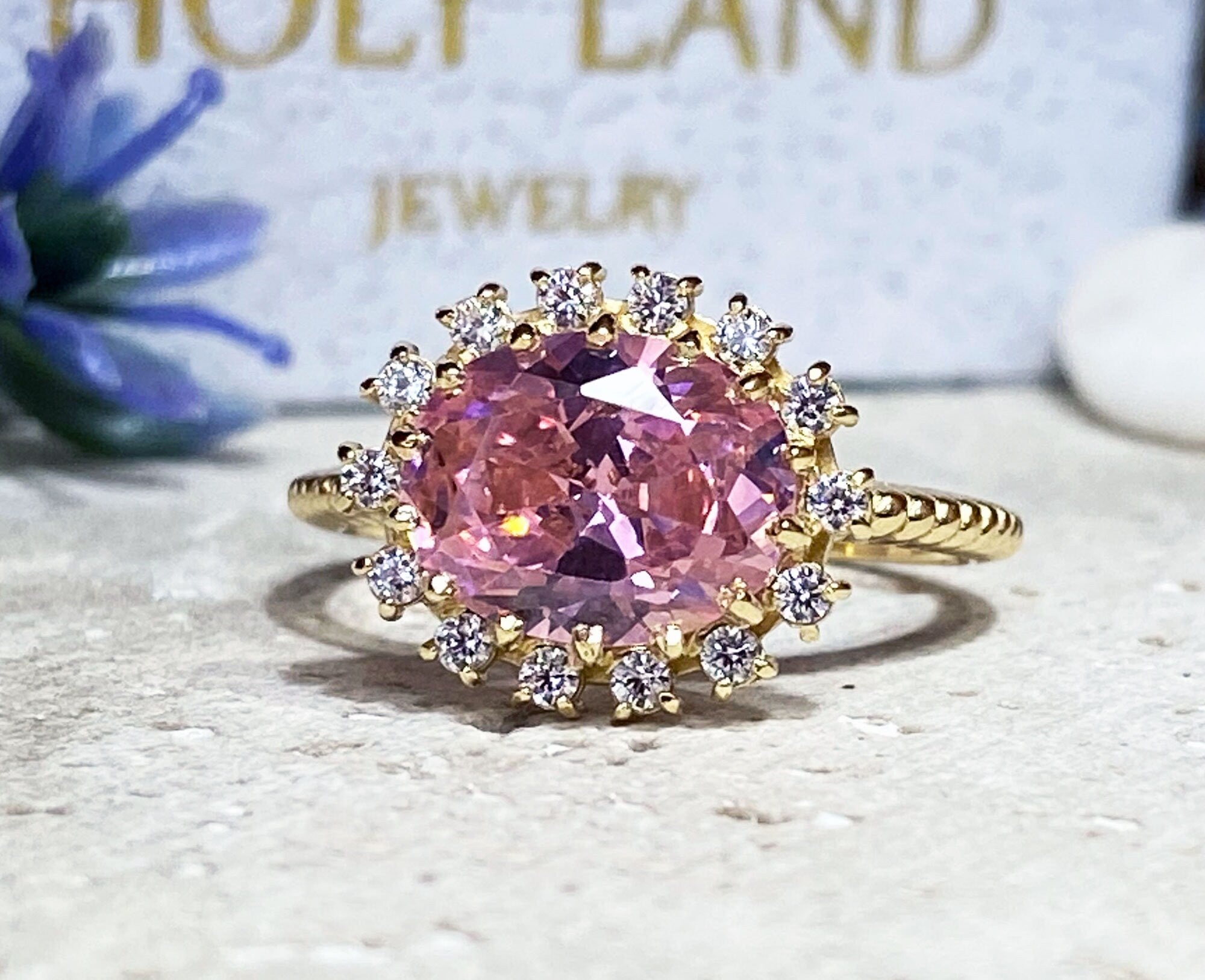 October Birthstone East-West Oval Rose Quartz Ring with Clear Quartz Halo - H.L.Jewelry