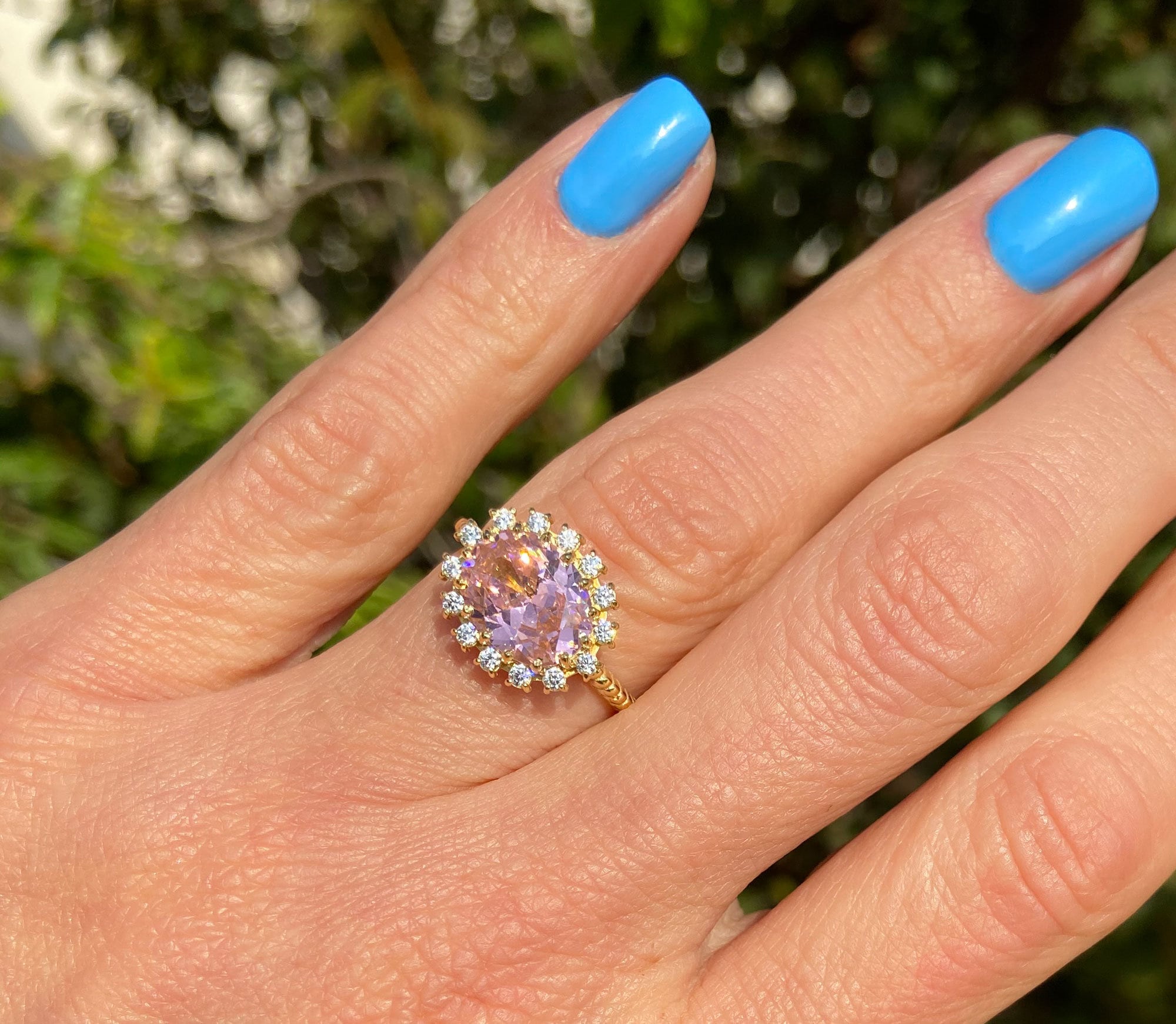 October Birthstone East-West Oval Rose Quartz Ring with Clear Quartz Halo - H.L.Jewelry