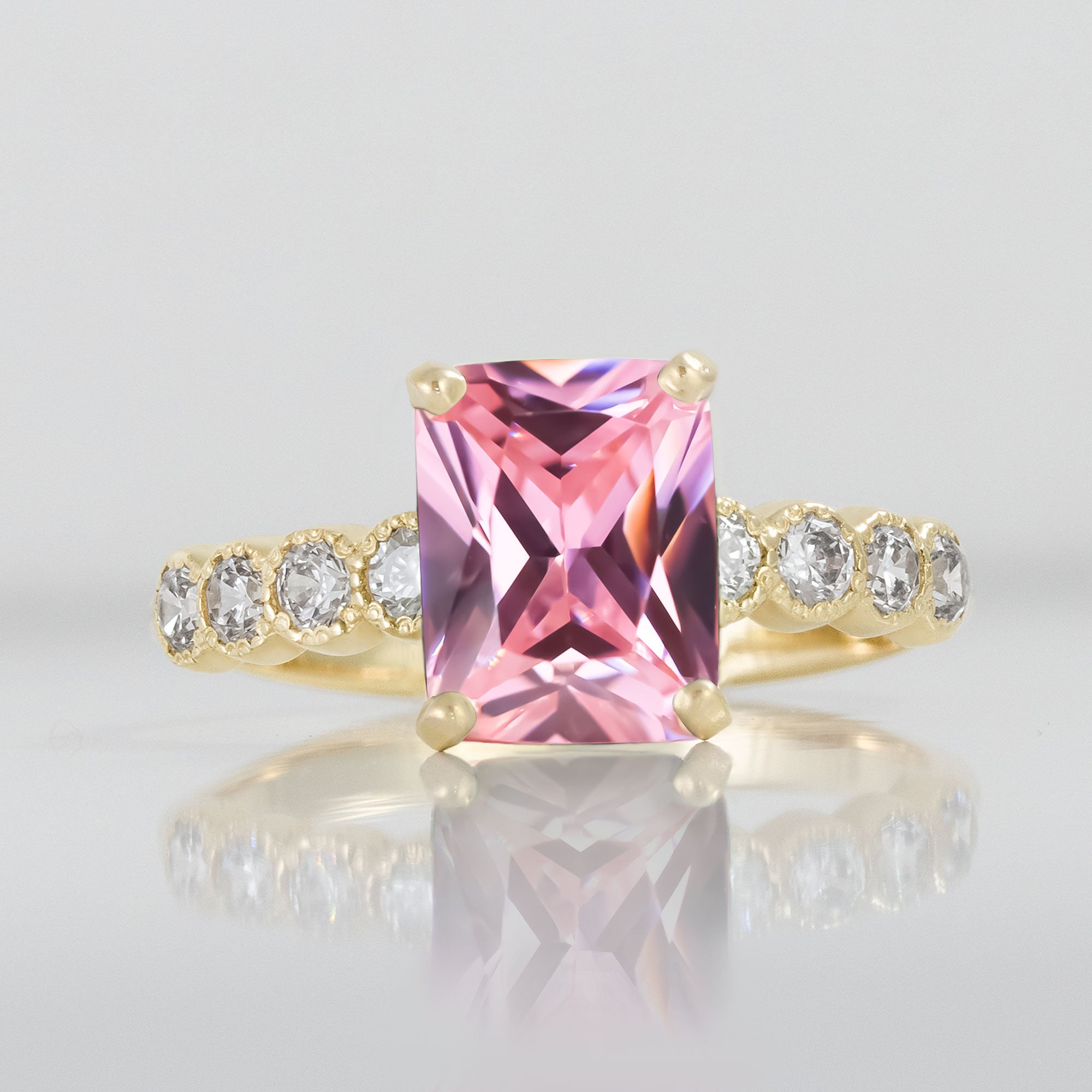 October Birthstone Octagon Rose Quartz Ring with Clear Quartz Accents - H.L.Jewelry