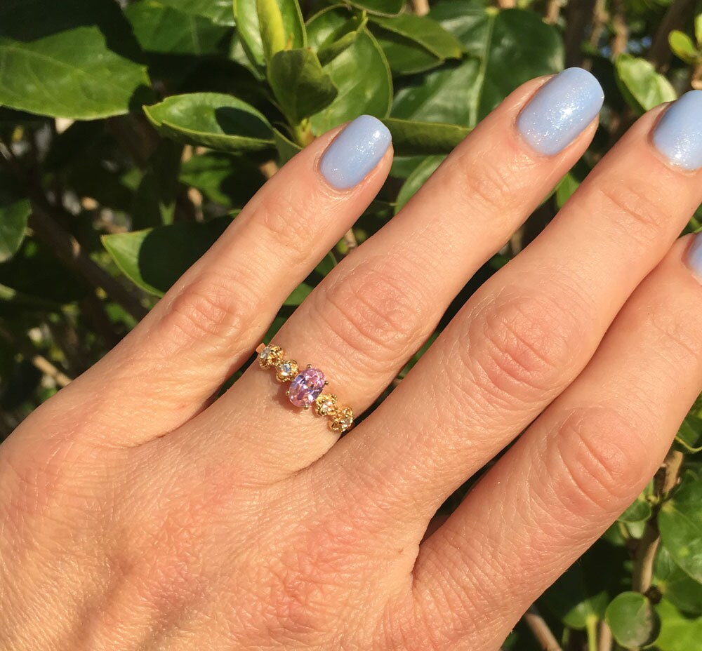 October Birthstone Oval Rose Quartz Flower Ring with Clear Quartz Accents - H.L.Jewelry