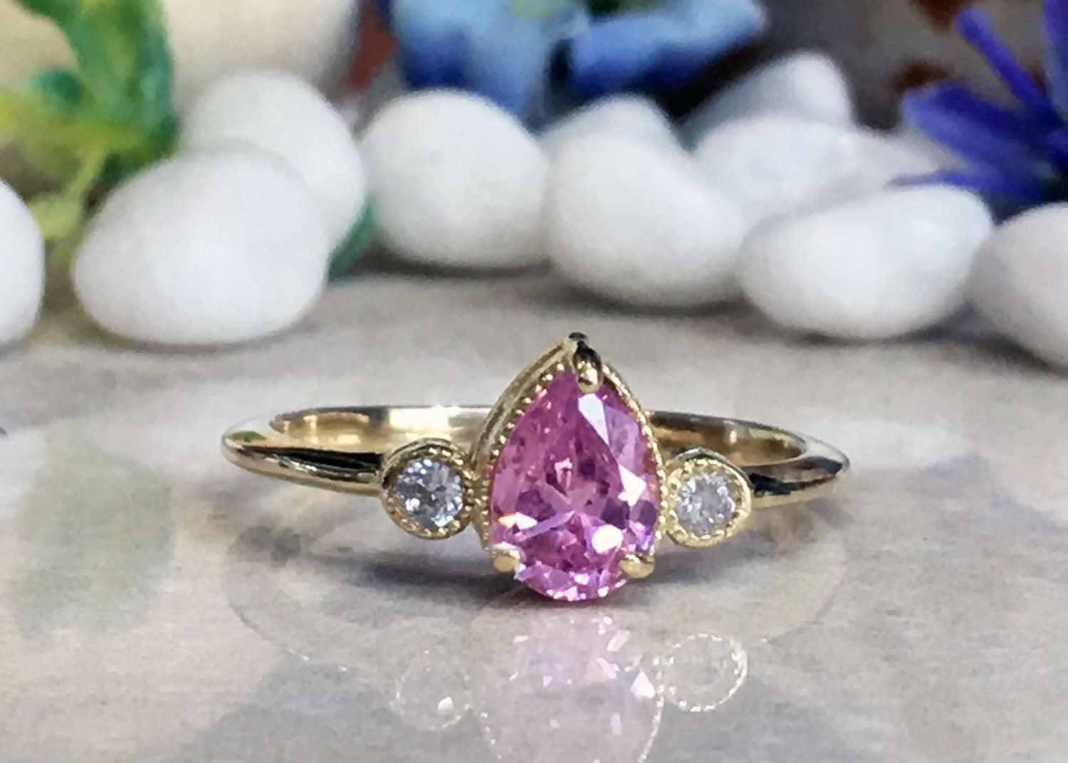 October Birthstone Pear-Shaped Rose Quartz Ring with Clear Quartz Accents - H.L.Jewelry