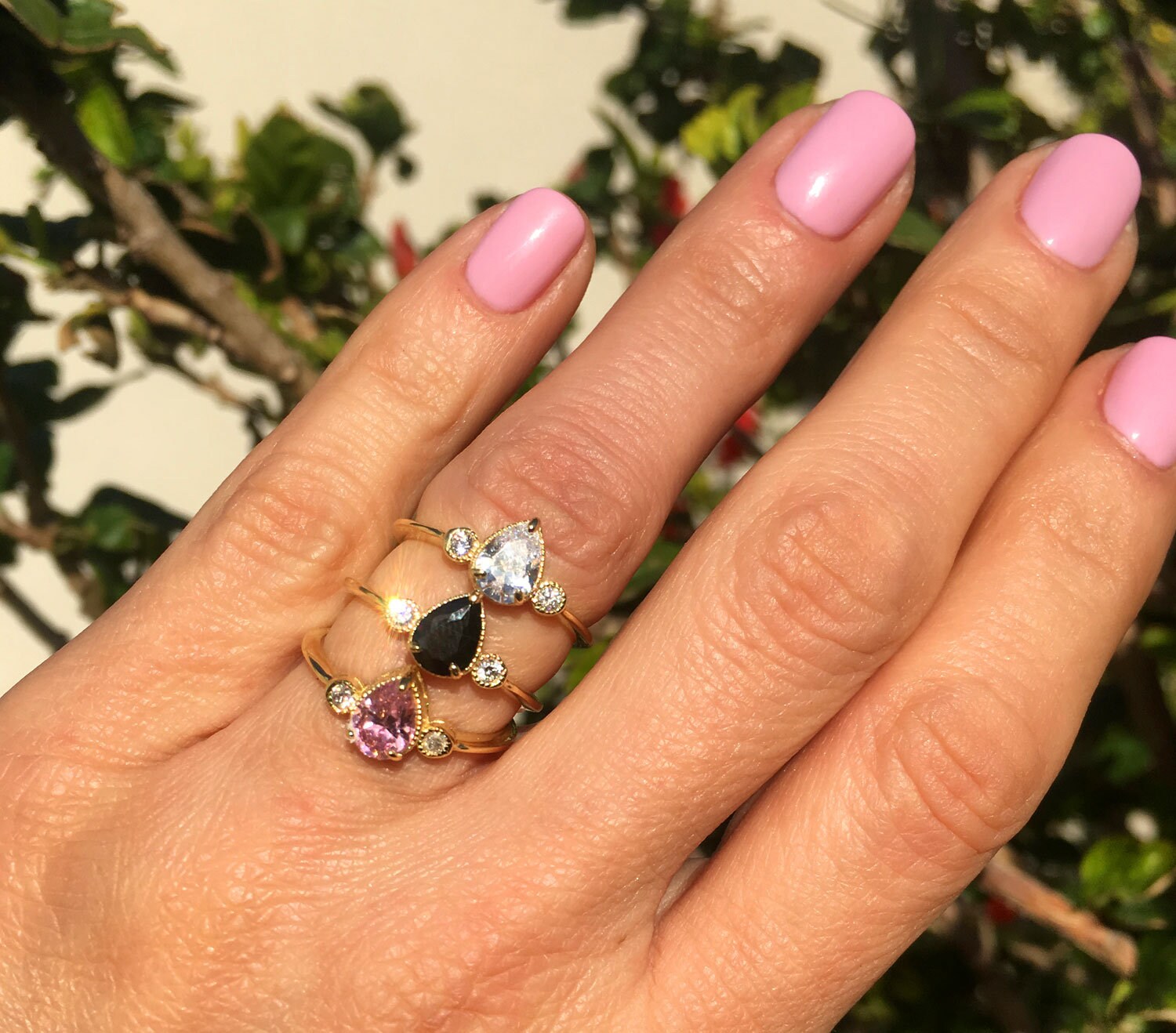 October Birthstone Pear-Shaped Rose Quartz Ring with Clear Quartz Accents - H.L.Jewelry
