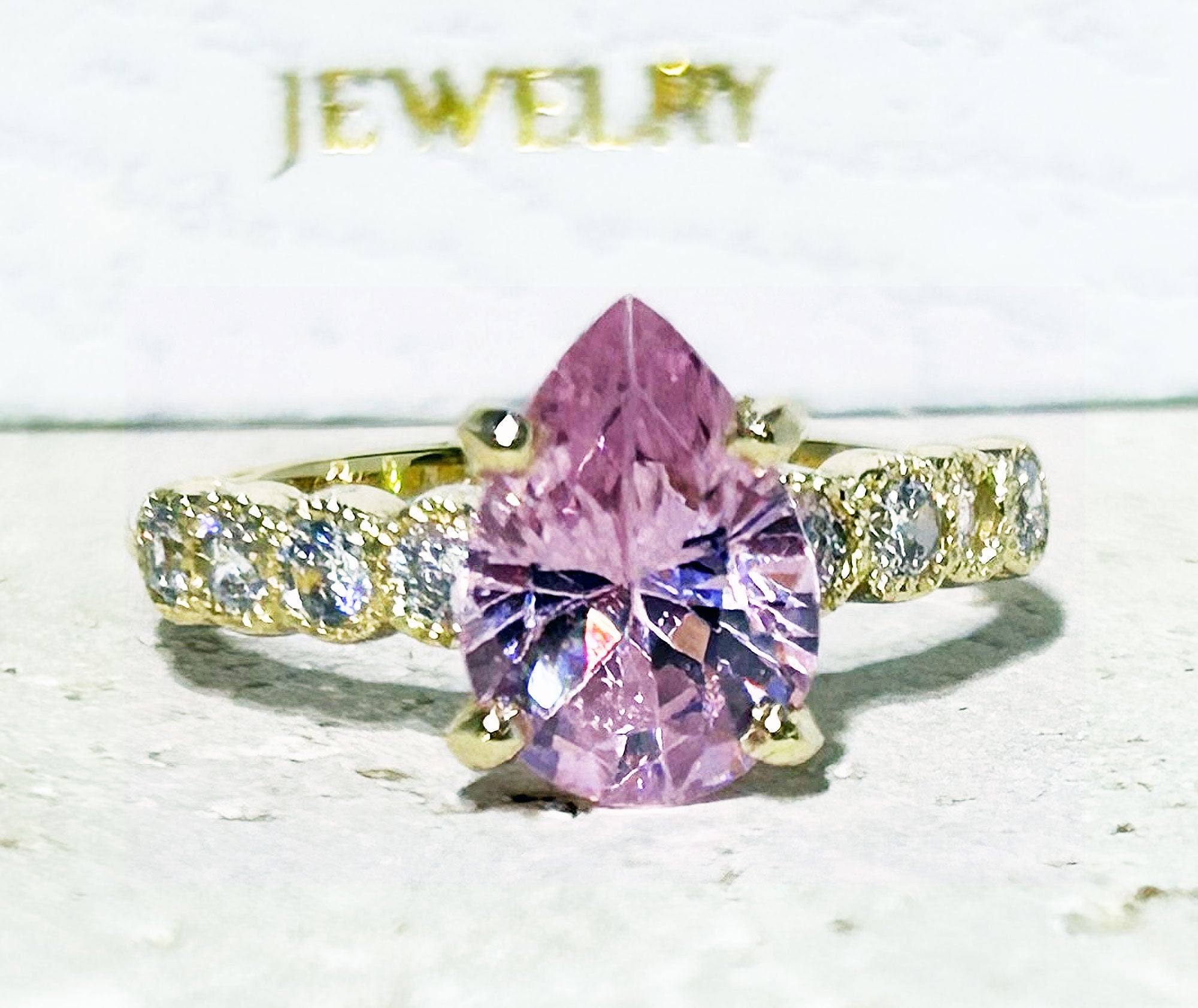 October Birthstone Pear-Shaped Rose Quartz Ring with Clear Quartz Accents - H.L.Jewelry