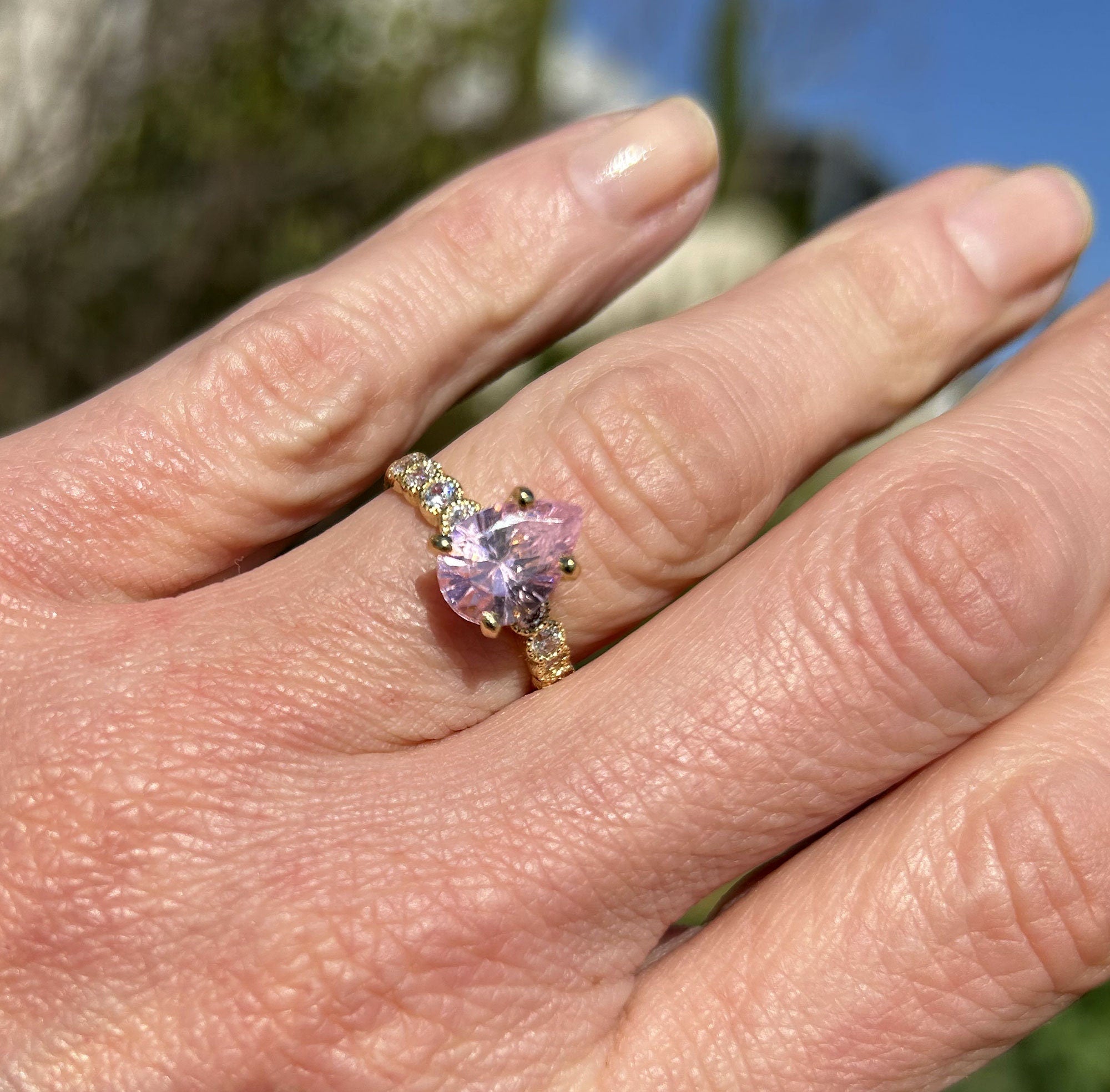 October Birthstone Pear-Shaped Rose Quartz Ring with Clear Quartz Accents - H.L.Jewelry