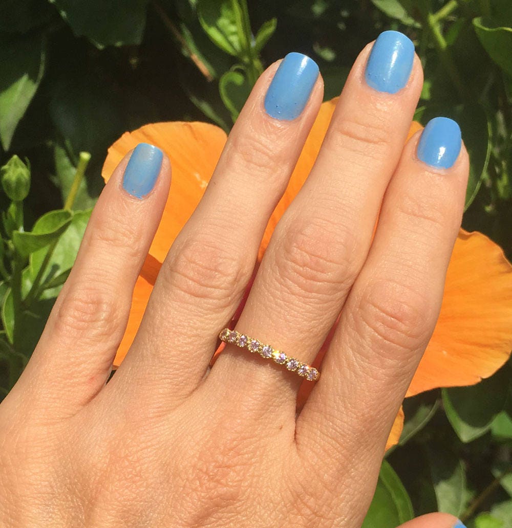 October Birthstone Rose Quartz Nine Stone Stacking Half Eternity Bezel Ring - H.L.Jewelry