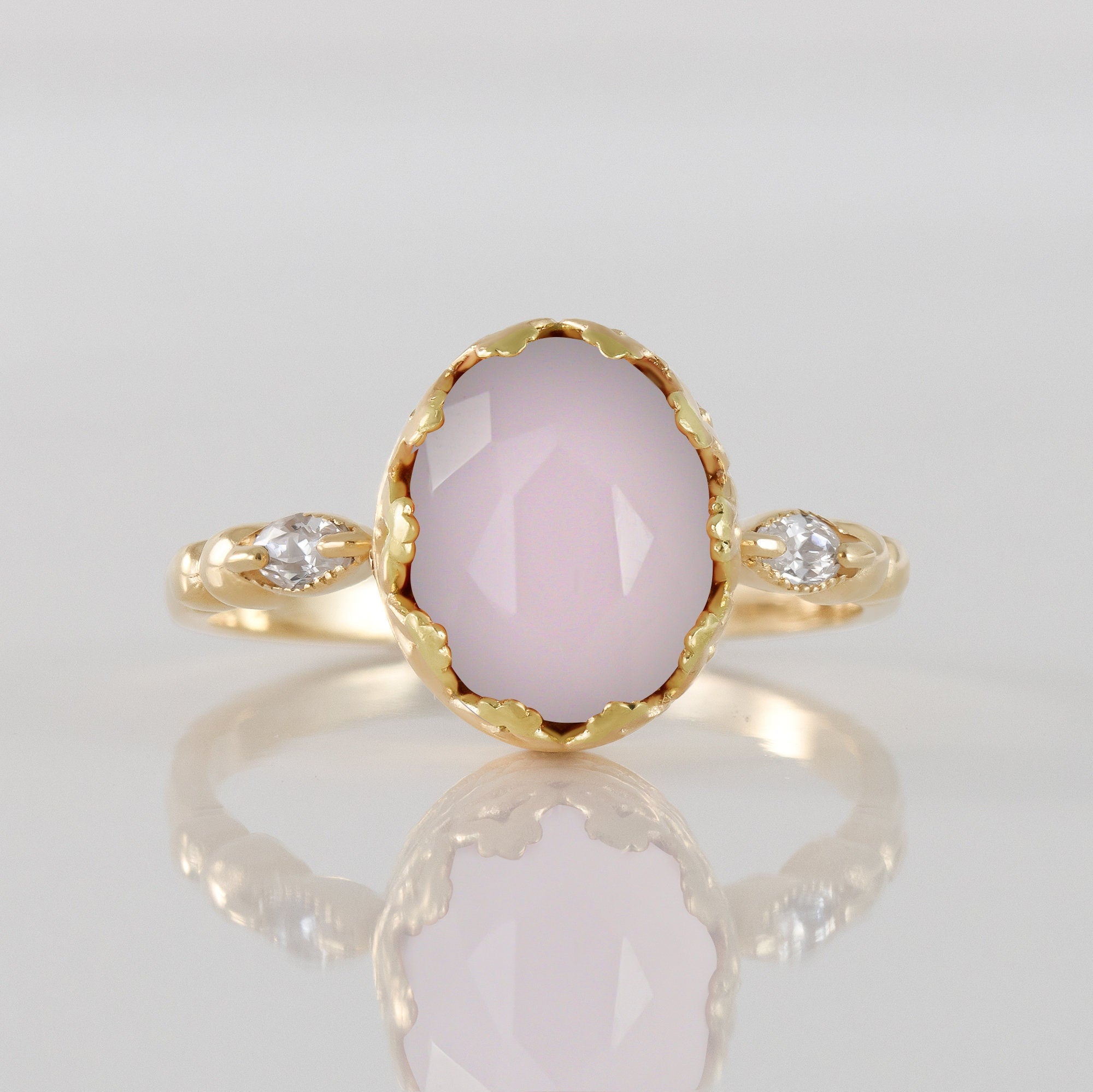 October Birthstone Rose Quartz Vintage Oval Crown Ring with Clear Quartz Accents - H.L.Jewelry