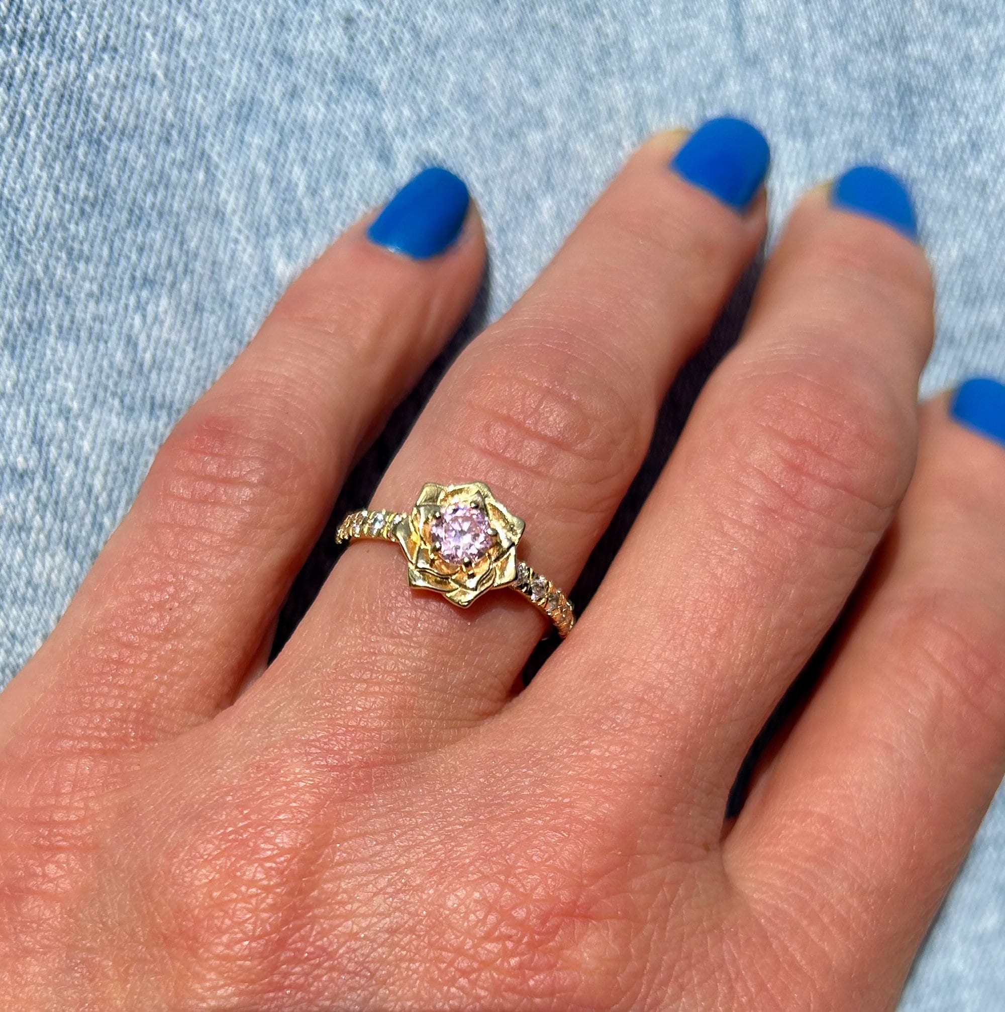 October Birthstone Round Rose Quartz Camellia Ring with Clear Quartz Accents - H.L.Jewelry