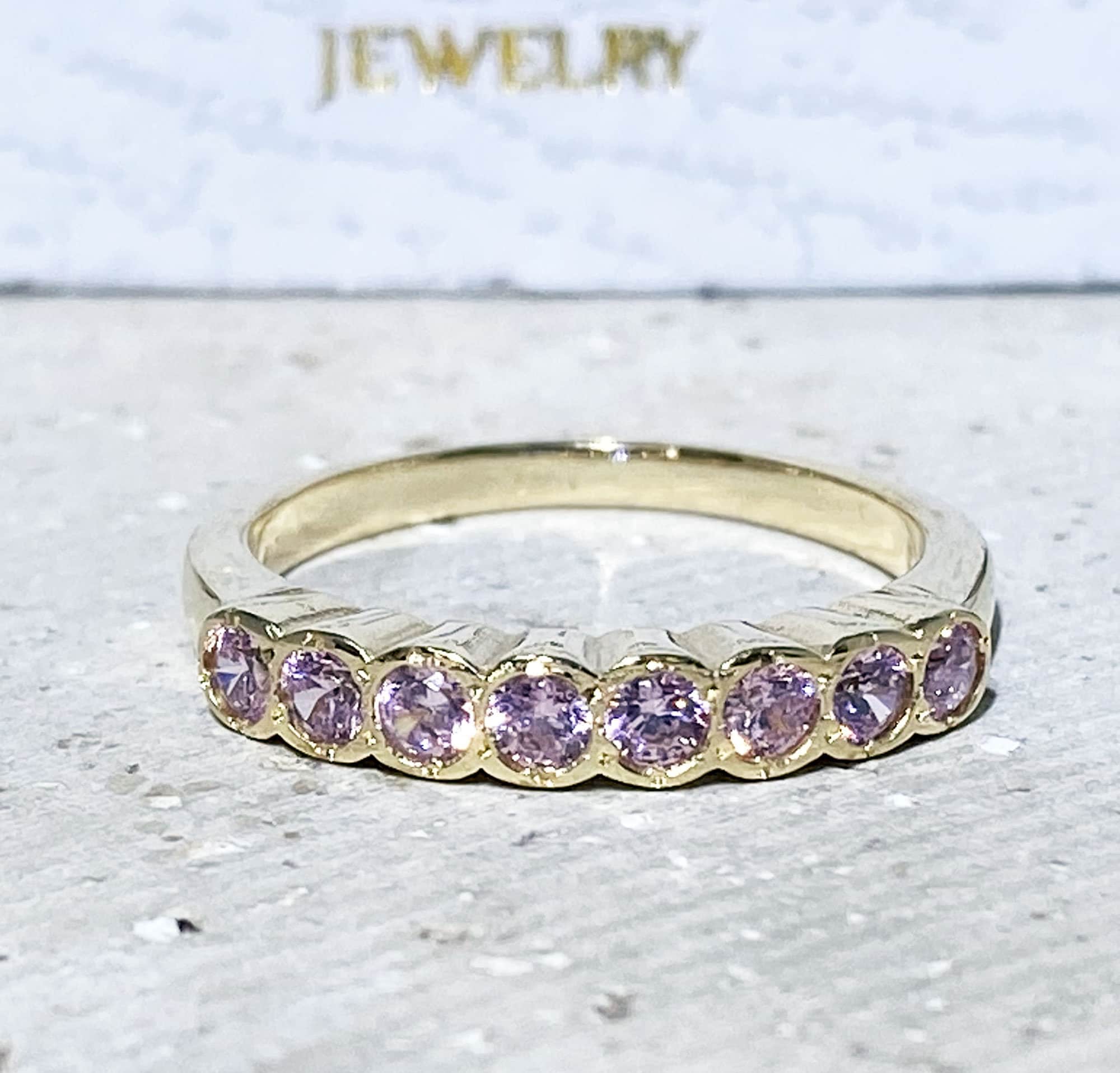 October Birthstone Round Rose Quartz Eight-Stone Stacking Half Eternity Bezel Ring - H.L.Jewelry