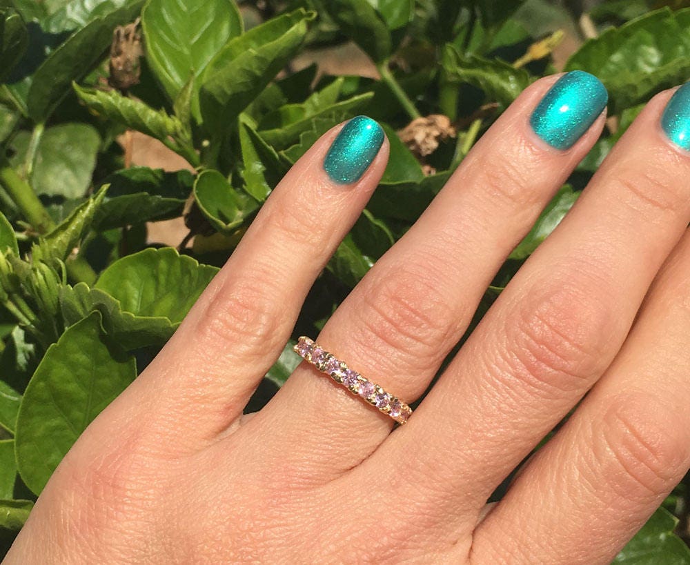 October Birthstone Round Rose Quartz Eleven-Stone Stacking Half Eternity Ring - H.L.Jewelry