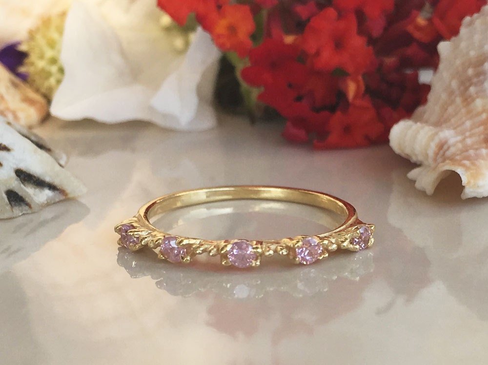 October Birthstone Round Rose Quartz Five Stone Simple Stacking Ring - H.L.Jewelry