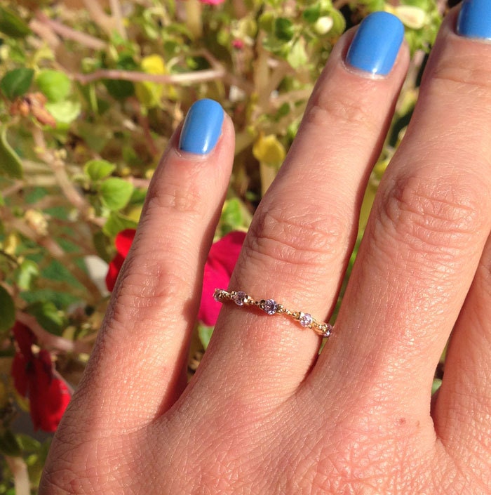 October Birthstone Round Rose Quartz Five Stone Simple Stacking Ring - H.L.Jewelry