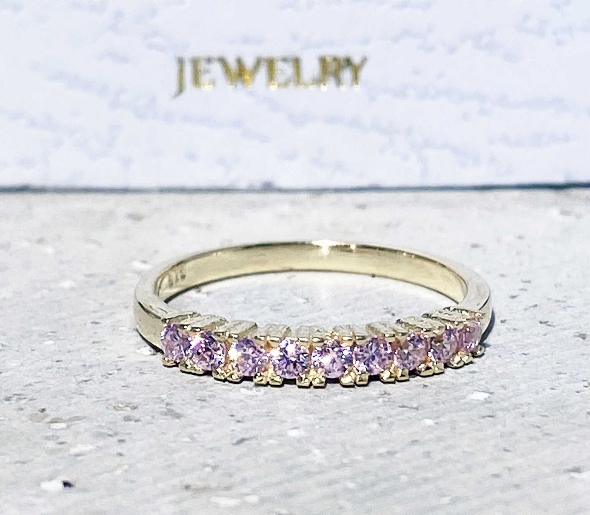 October Birthstone Round Rose Quartz Nine-Stone Half Eternity Ring - H.L.Jewelry
