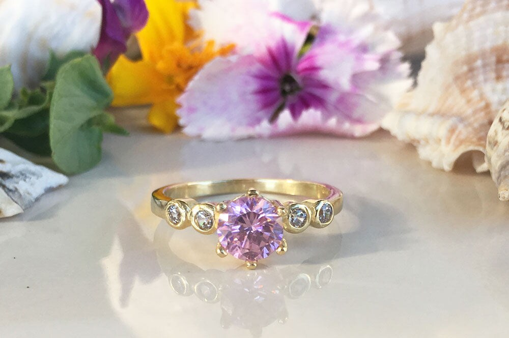 October Birthstone Round Rose Quartz Ring with Clear Quartz Accents - H.L.Jewelry