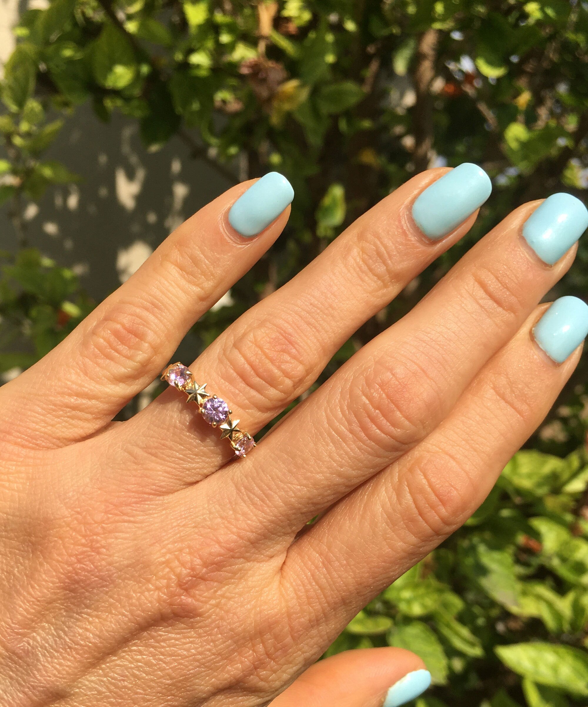 October Birthstone Round Rose Quartz Three-Stone Ring with Star Accents - H.L.Jewelry