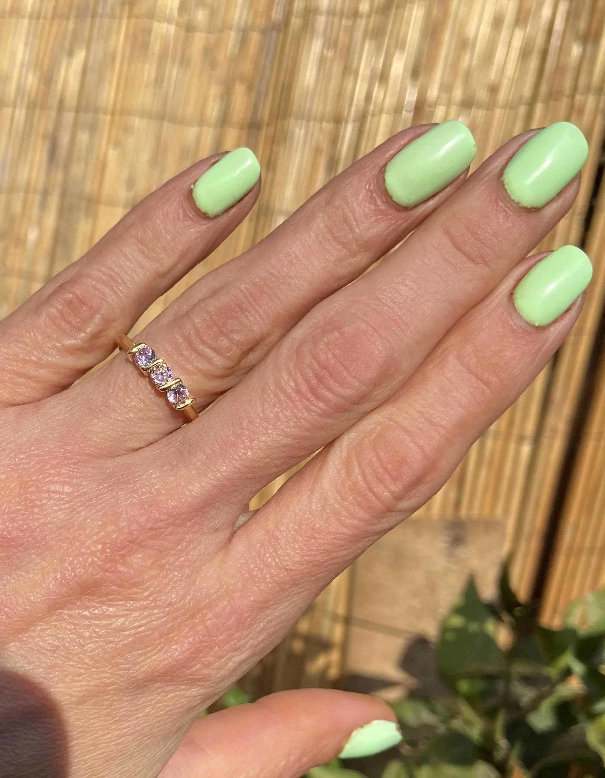 October Birthstone Round Rose Quartz Three-Stone Simple Stacking Ring - H.L.Jewelry