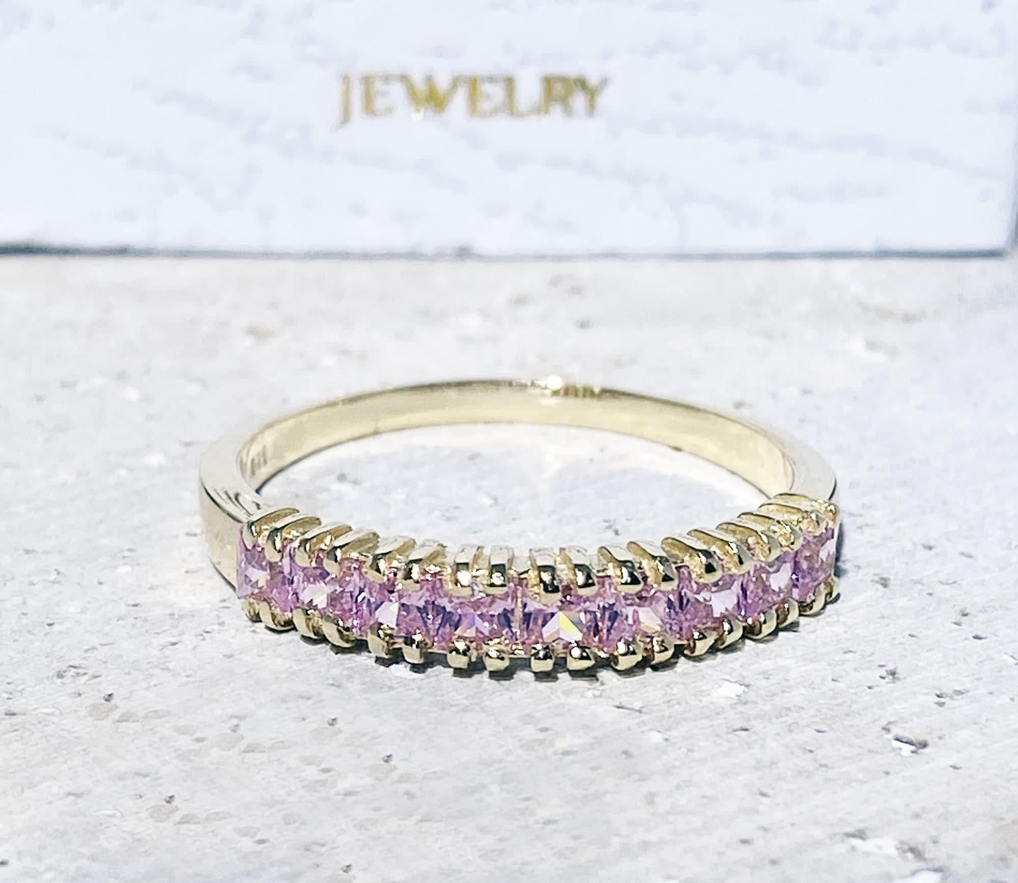 October Birthstone Square Rose Quartz Nine-Stone Half Eternity Stacking Ring - H.L.Jewelry