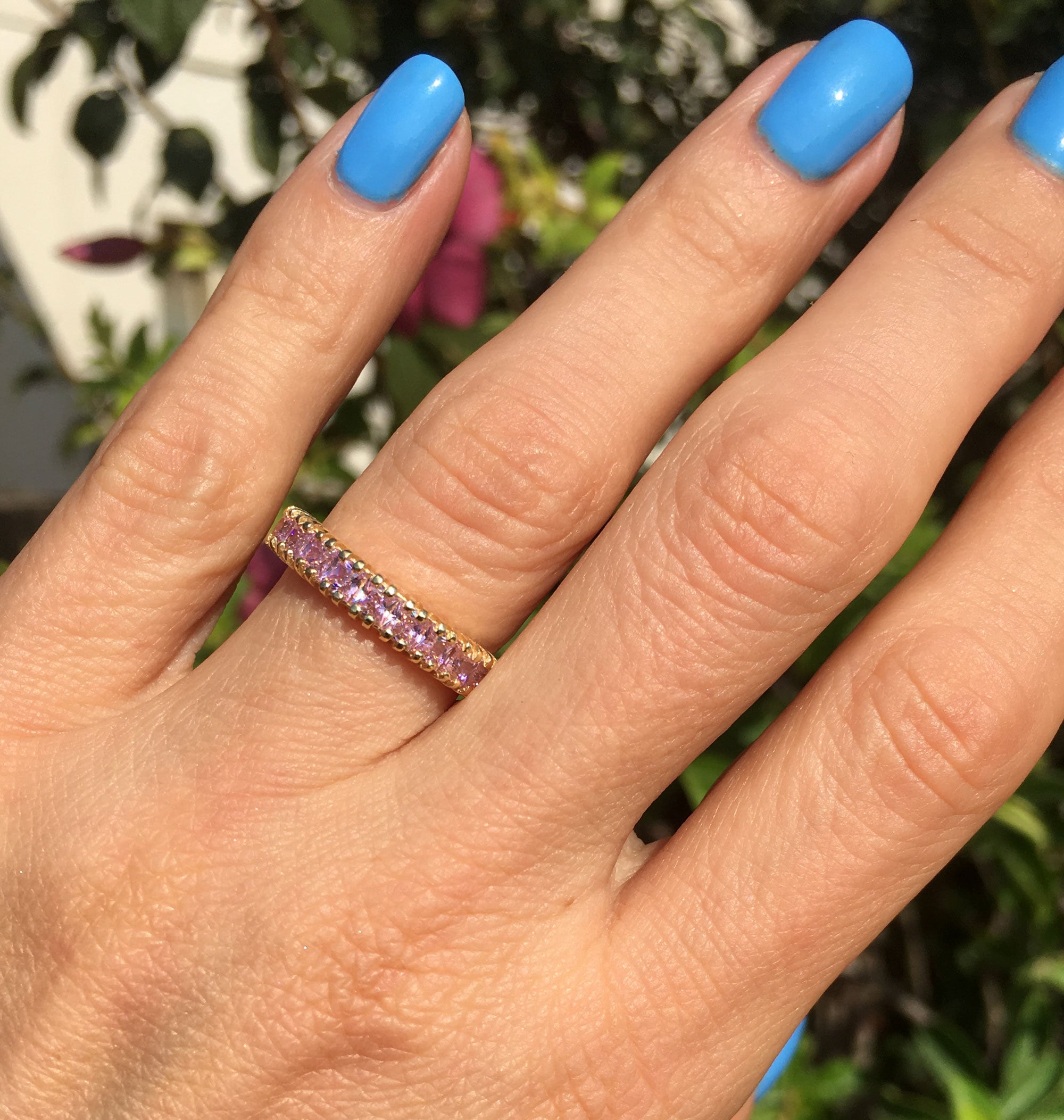 October Birthstone Square Rose Quartz Nine-Stone Half Eternity Stacking Ring - H.L.Jewelry