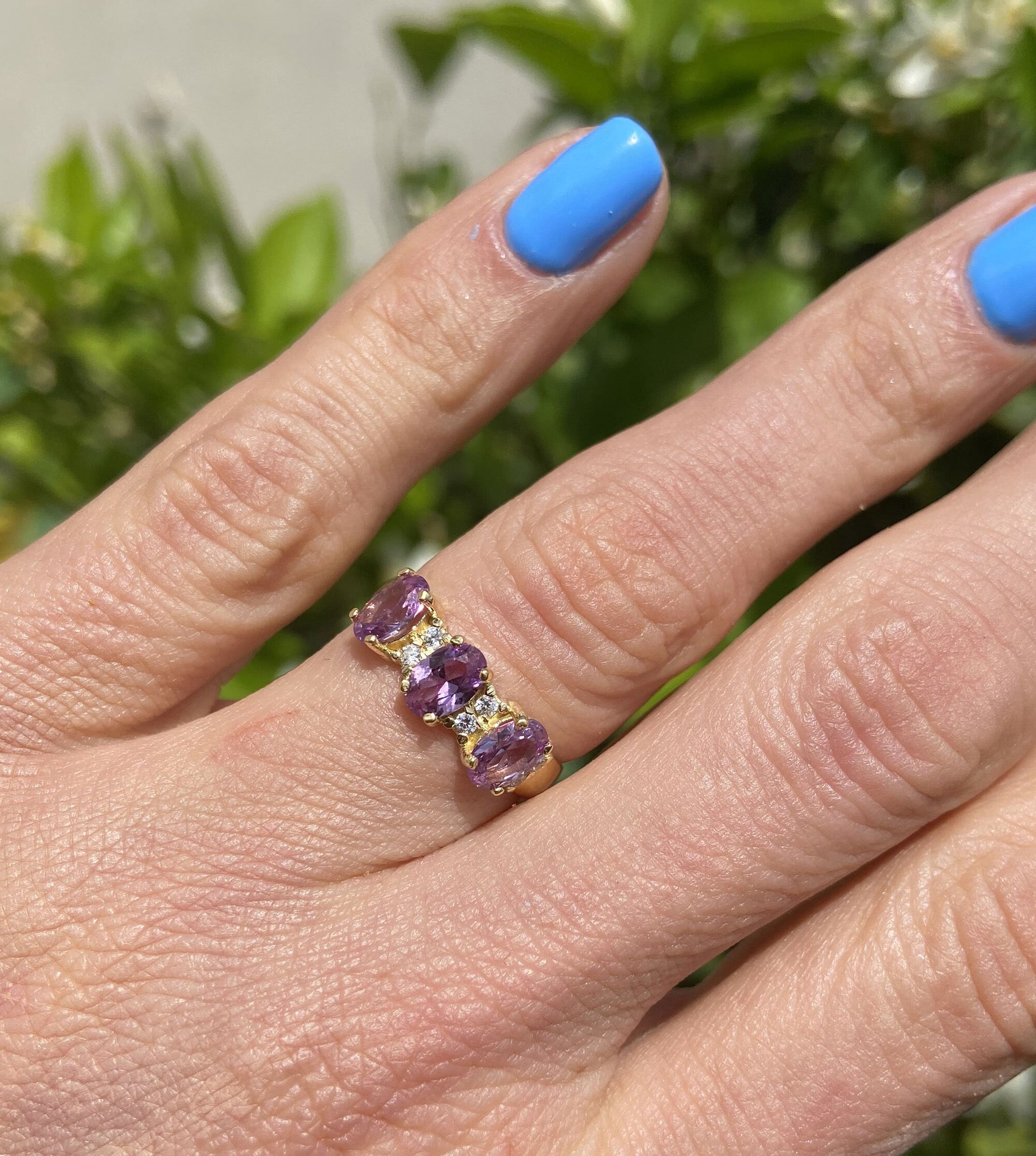 Oval Alexandrite Three Stone Ring with Clear Quartz Accents - H.L.Jewelry