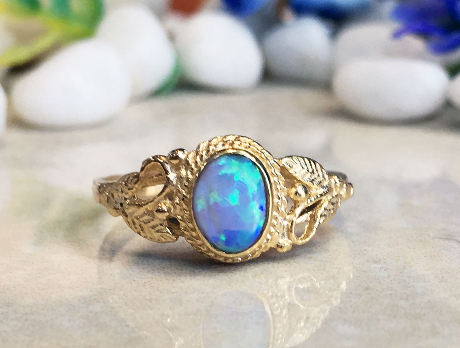 Oval Blue Opal Ring with Leaves Accents - H.L.Jewelry