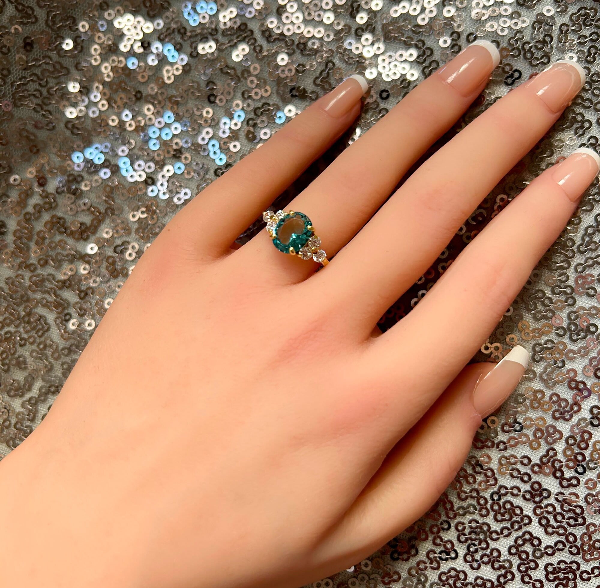 Oval Blue Topaz Engagement Ring with Clear Quartz Accents - H.L.Jewelry