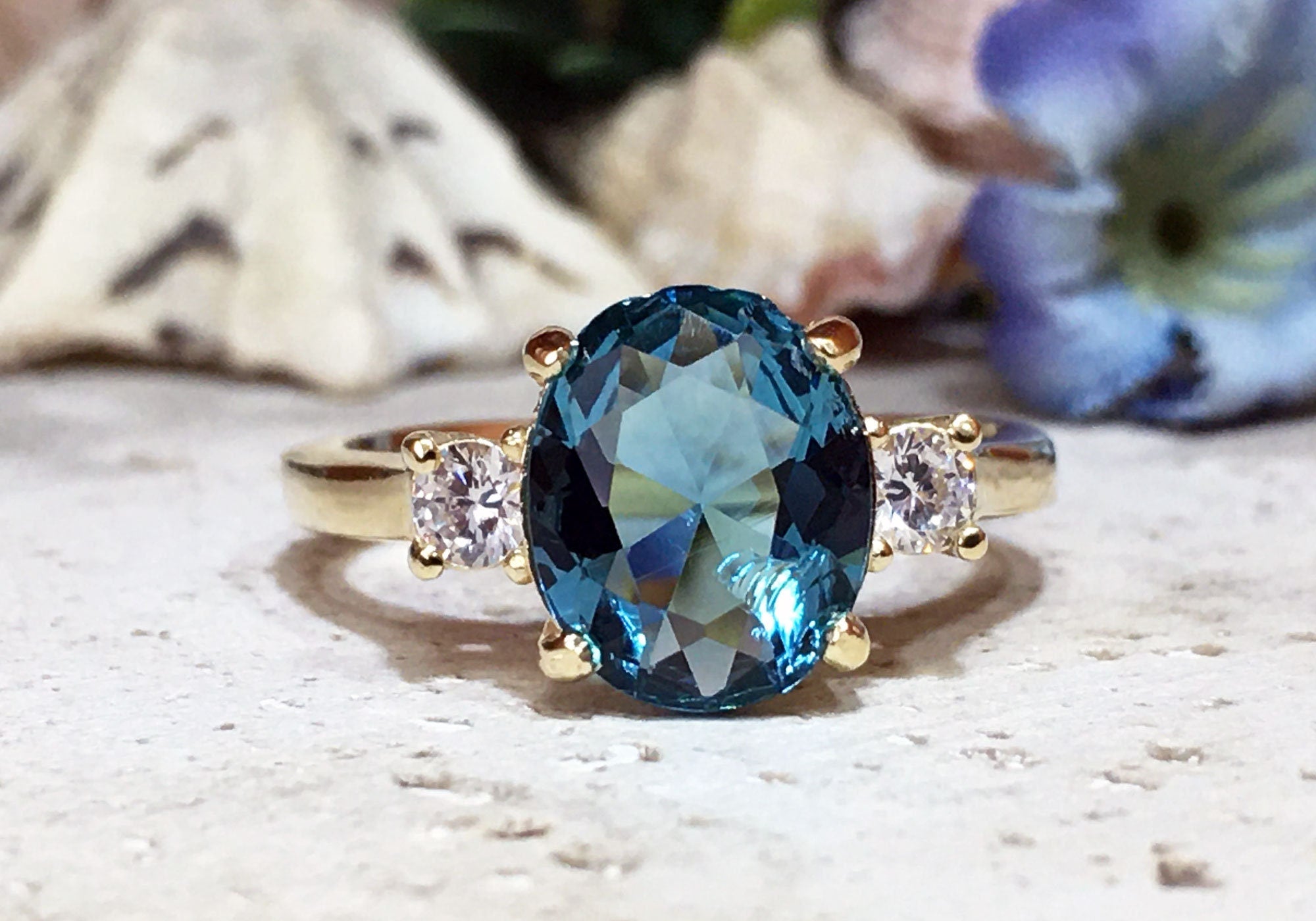 Oval Blue Topaz Statement Ring with Clear Quartz Accents - H.L.Jewelry