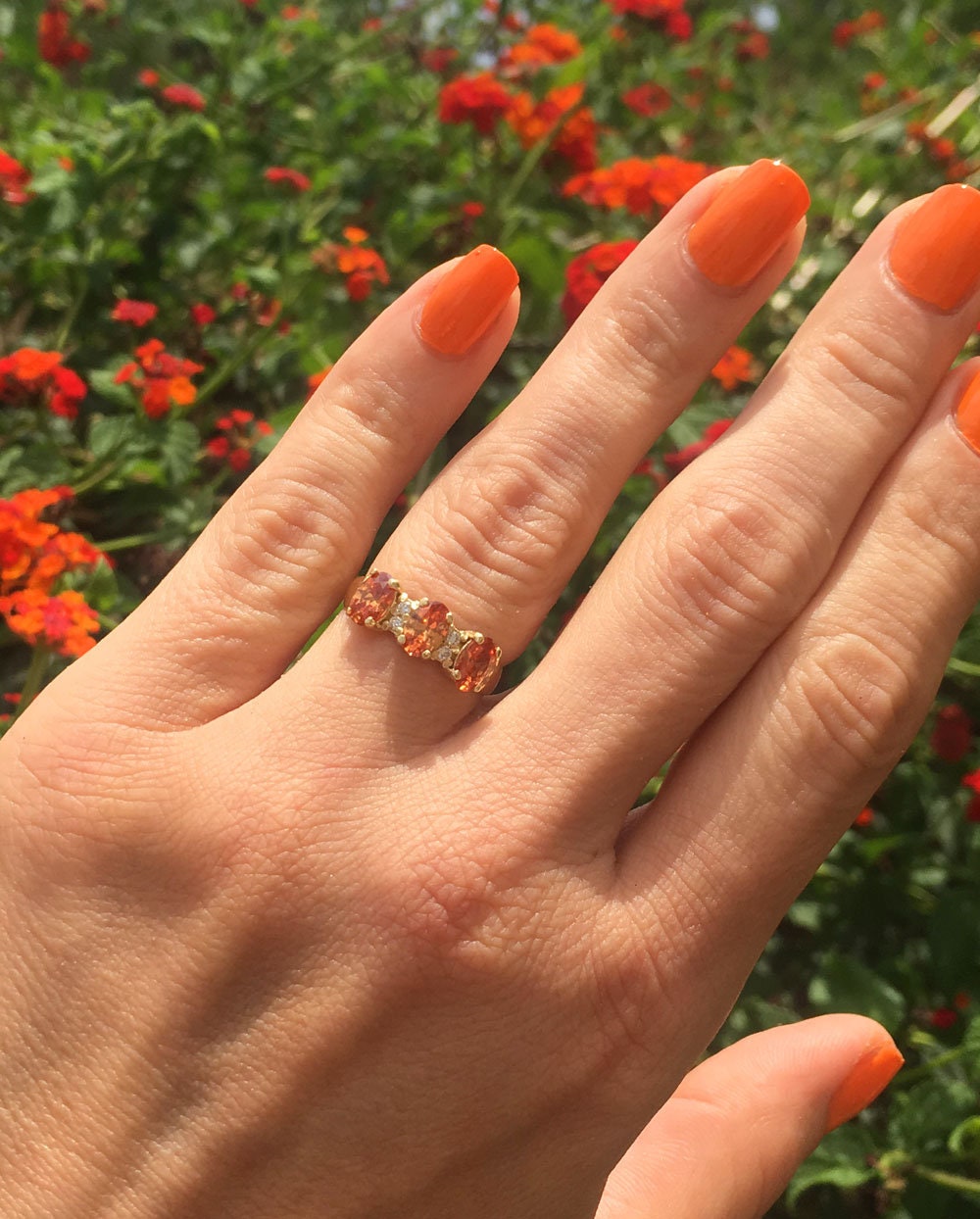 Oval Citrine Three Stone Ring with Clear Quartz Accents - H.L.Jewelry