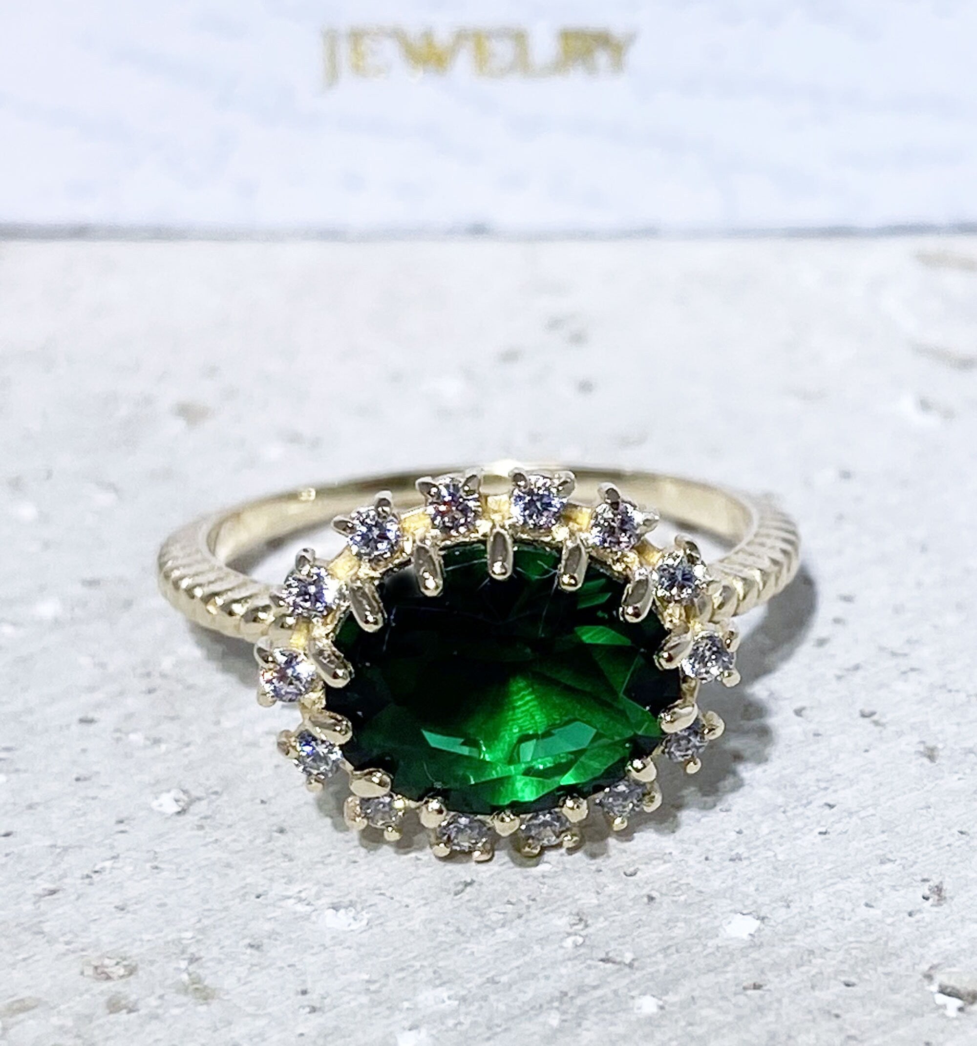Oval Emerald Engagement Ring with Clear Quartz Halo - H.L.Jewelry