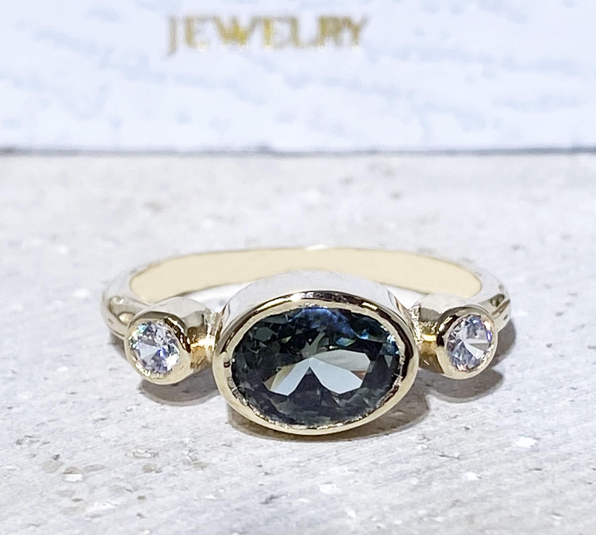 Oval Green Tourmaline Bezel Ring with Clear Quartz Accents - H.L.Jewelry