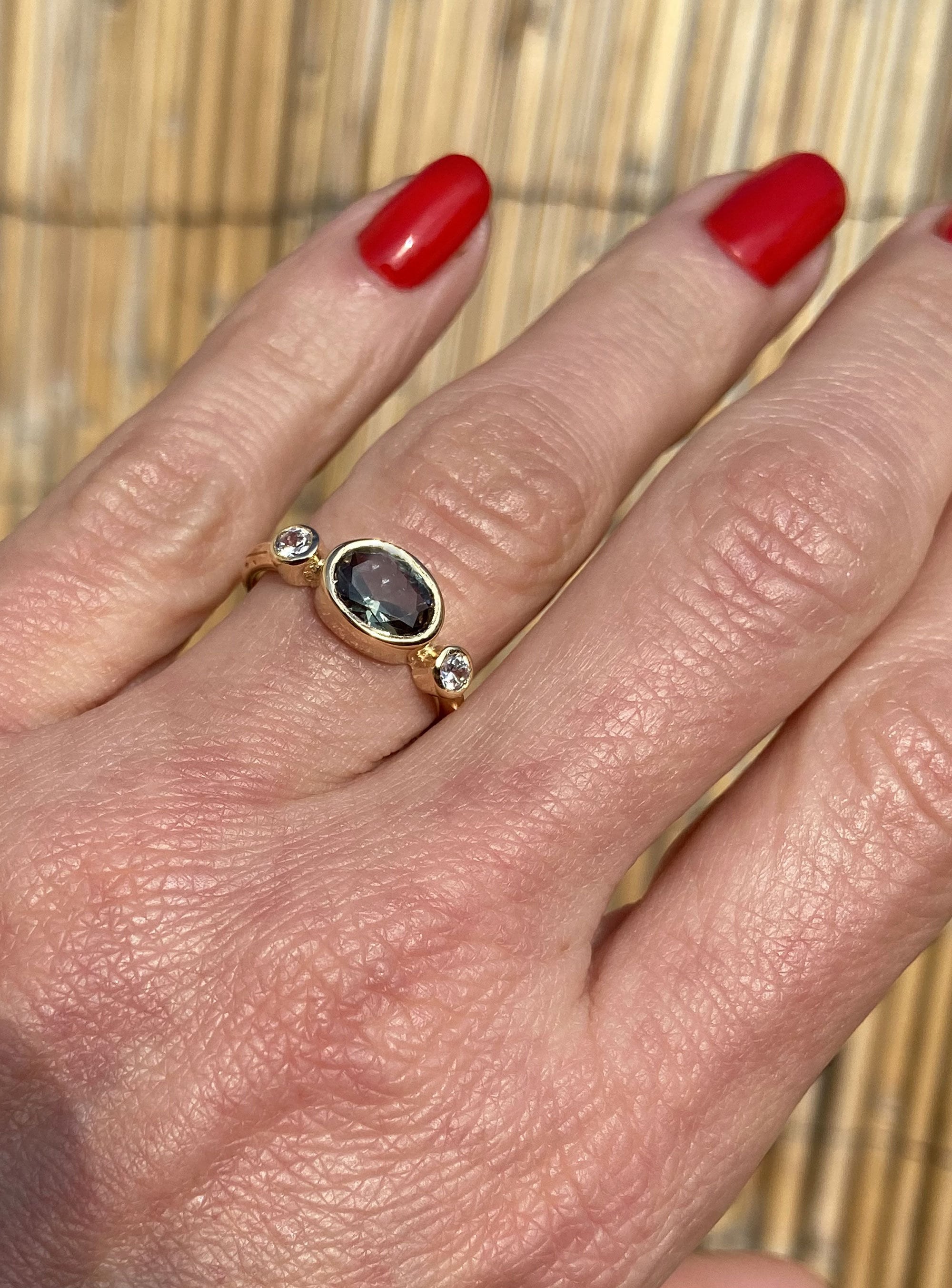 Oval Green Tourmaline Bezel Ring with Clear Quartz Accents - H.L.Jewelry