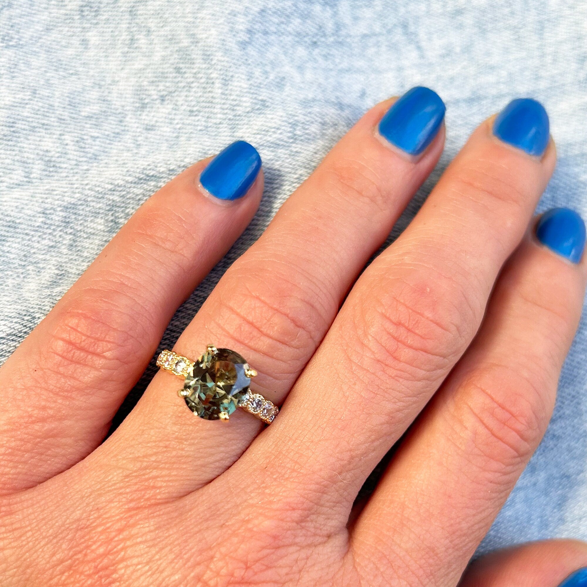 Oval Green Tourmaline Engagement Ring with Clear Quartz Accents - H.L.Jewelry