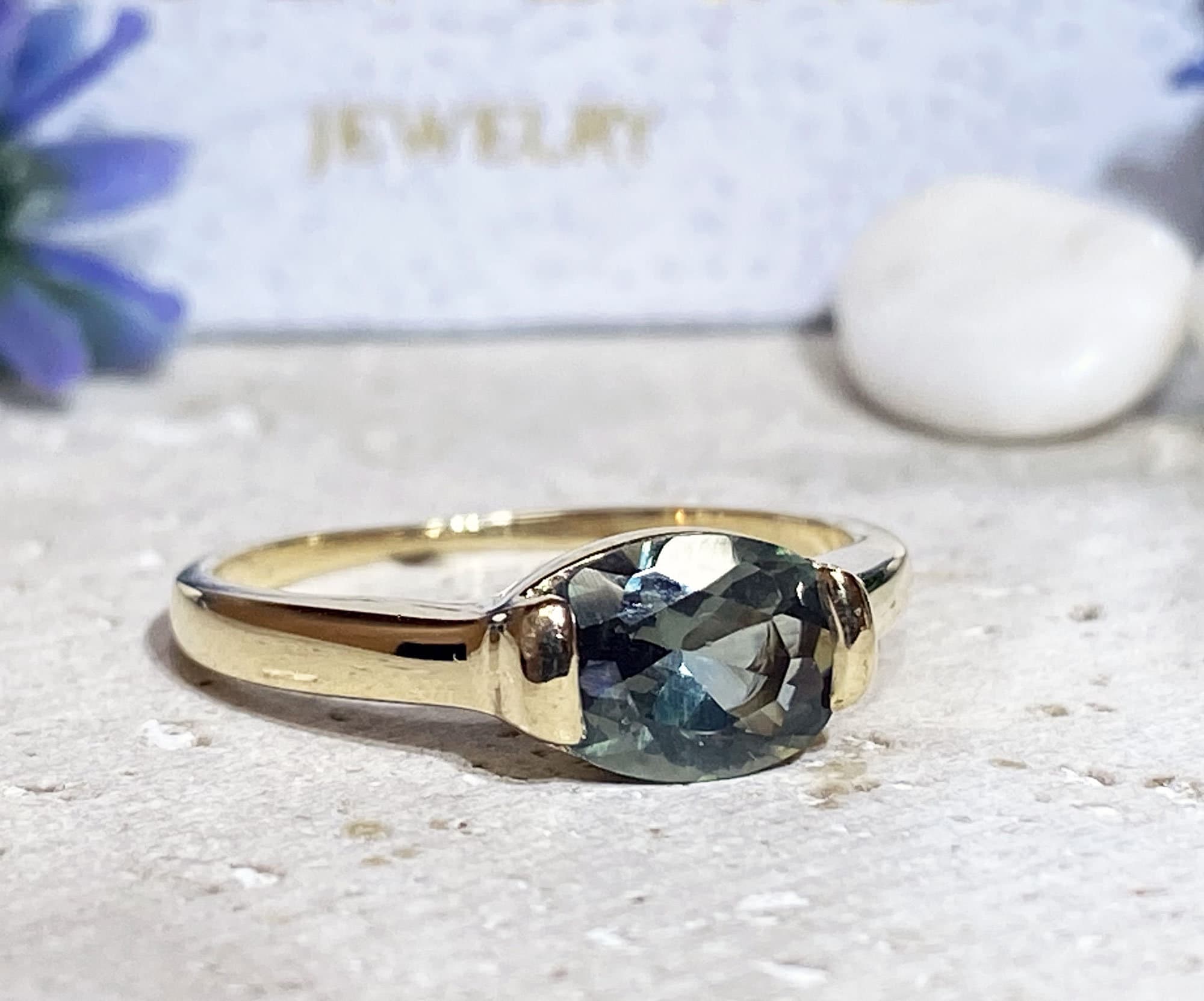 Oval Green Tourmaline Gemstone Simple Stacking Ring - H.L.Jewelry