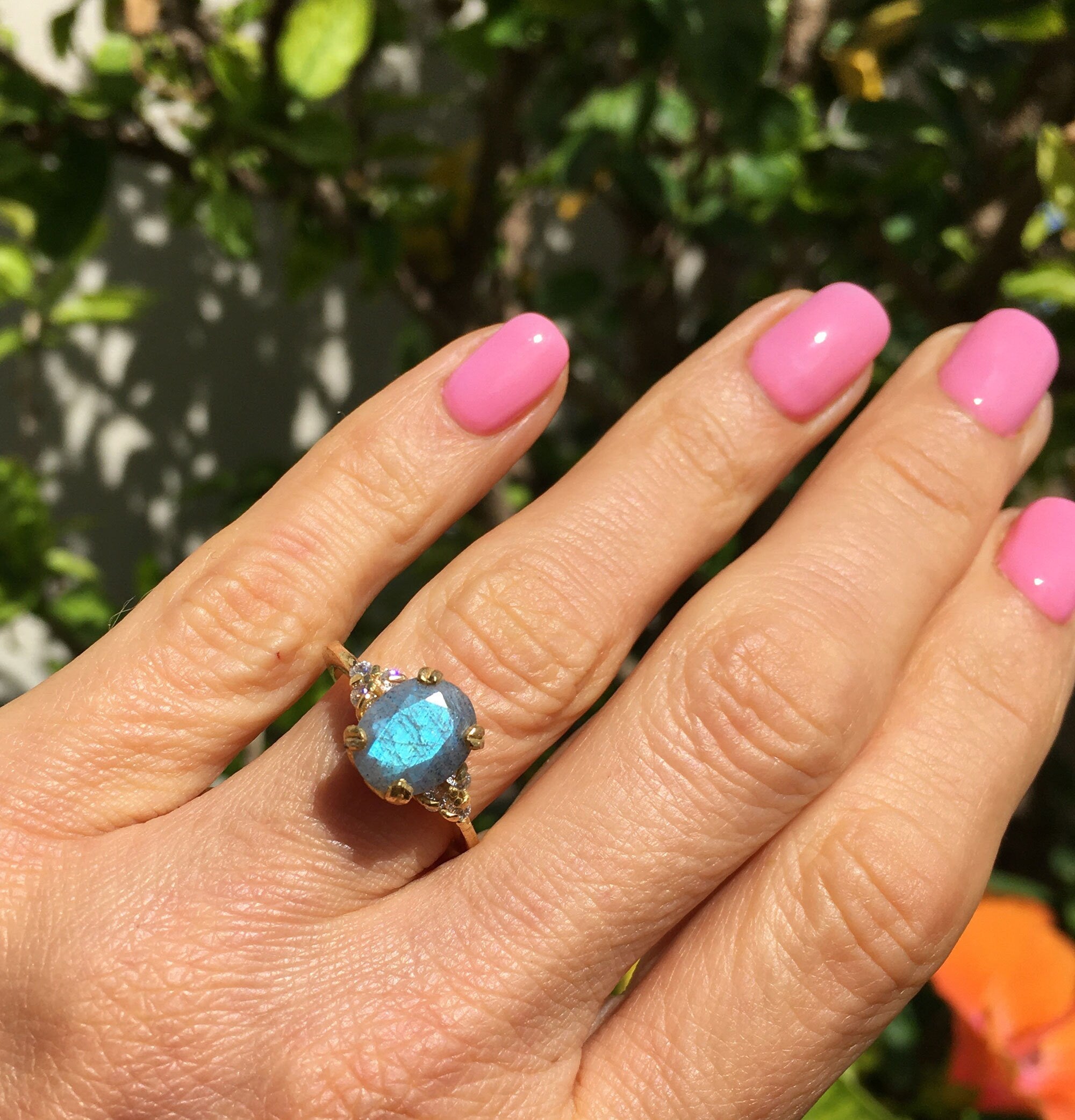 Oval Labradorite Engagement Ring with Clear Quartz Accents - H.L.Jewelry