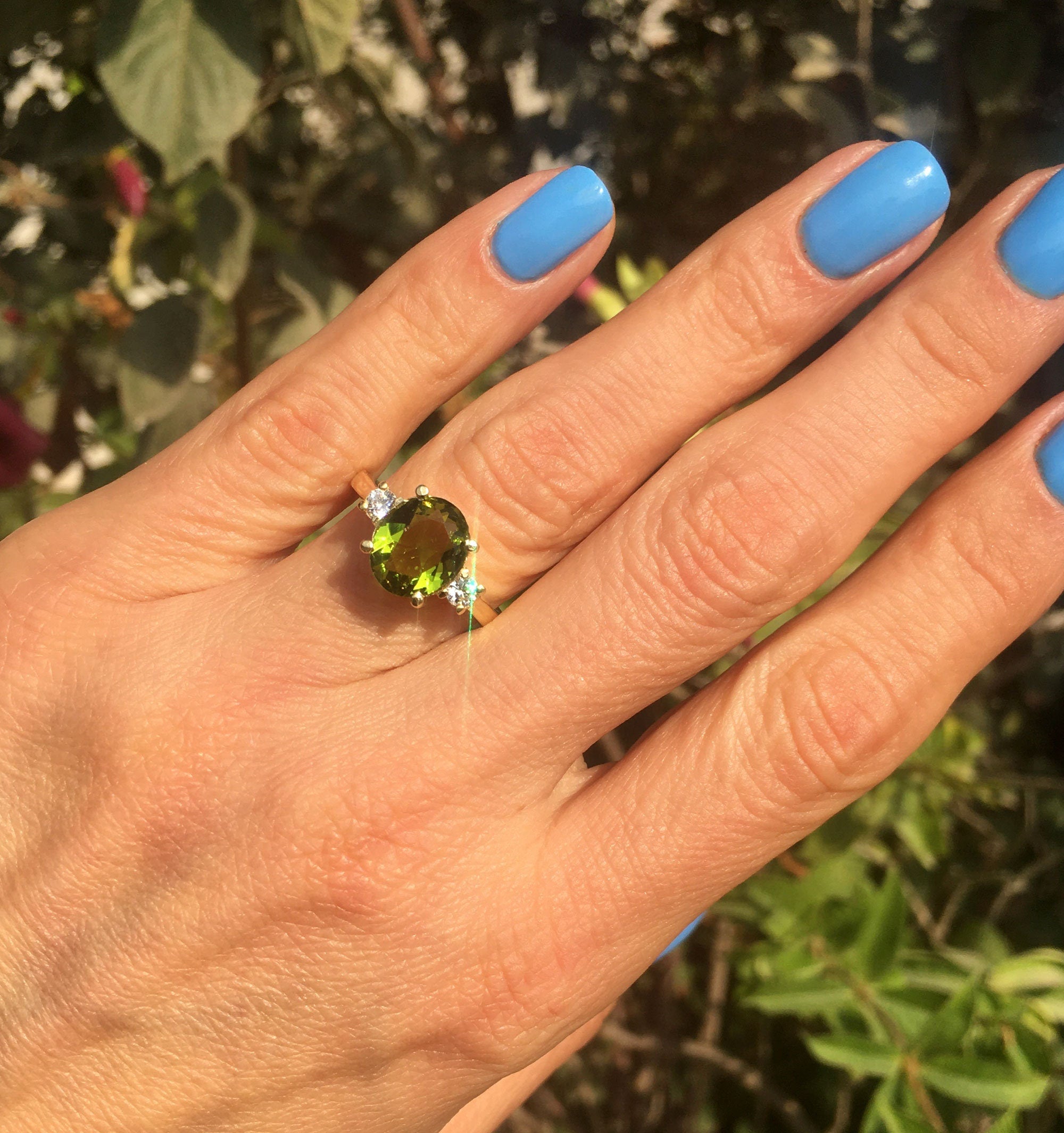 Oval Peridot Statement Ring with Clear Quartz Accents - H.L.Jewelry
