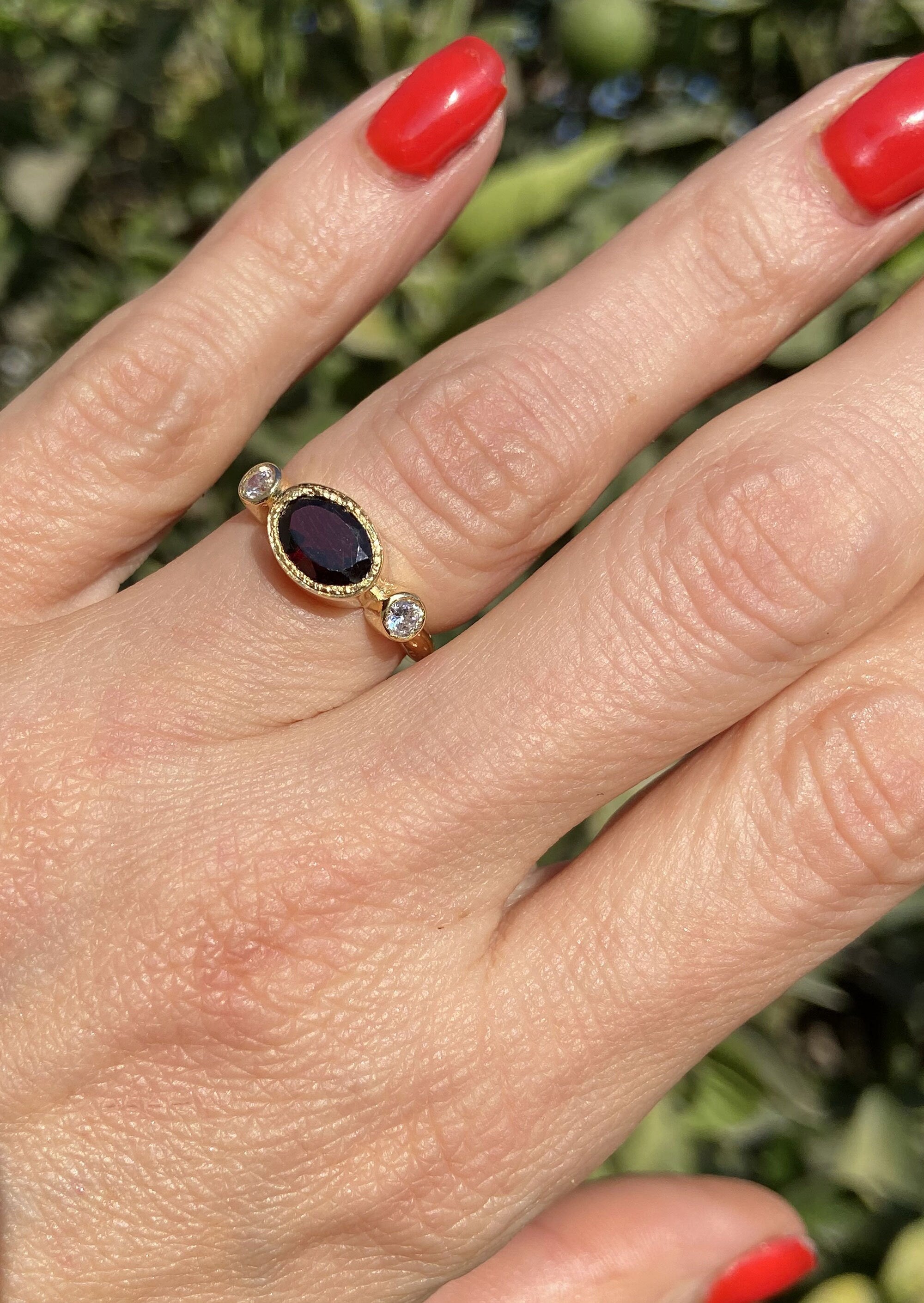 Oval Red Garnet Bezel Ring with Clear Quartz Accents - H.L.Jewelry