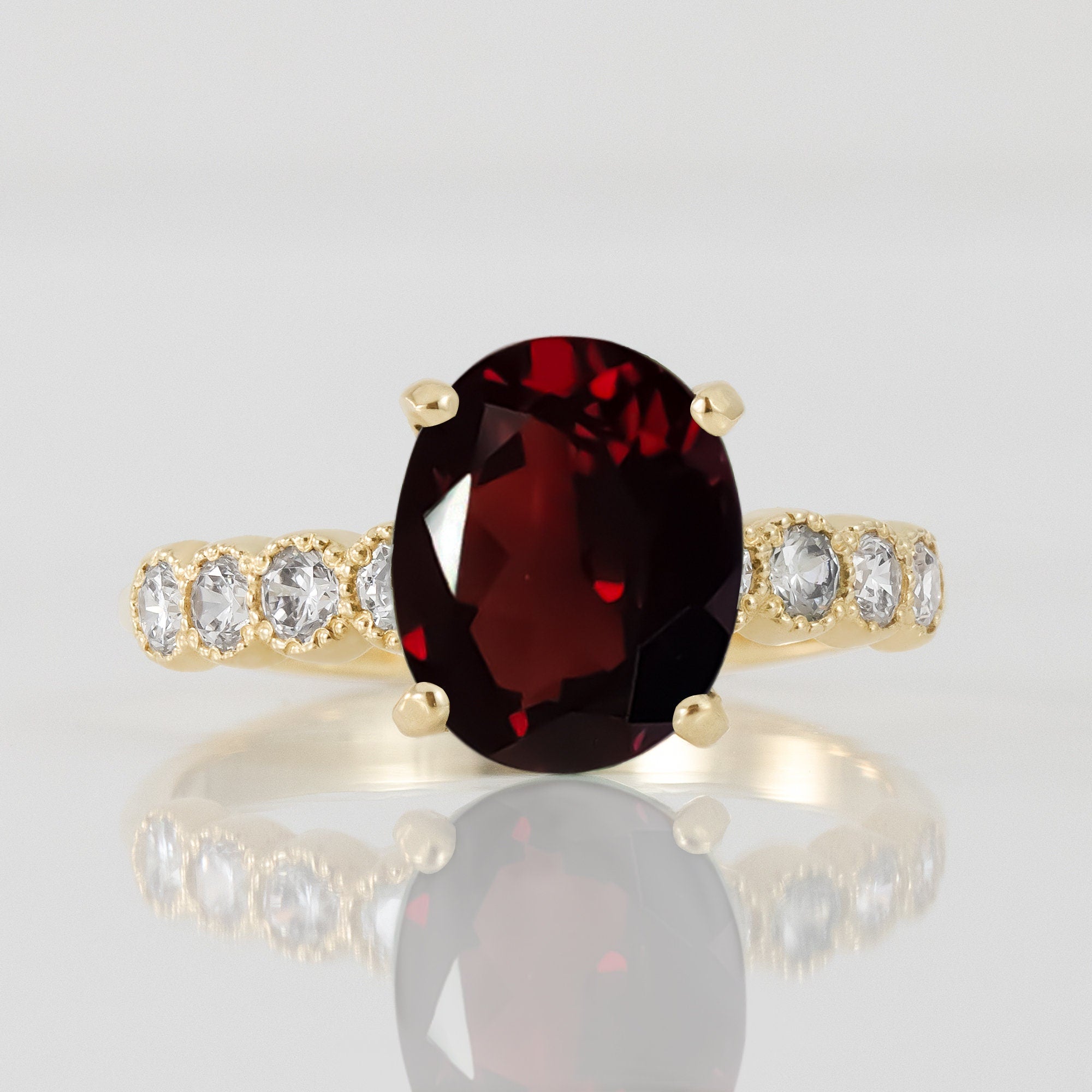 Oval Red Garnet Engagement Ring with Clear Quartz Accents - H.L.Jewelry