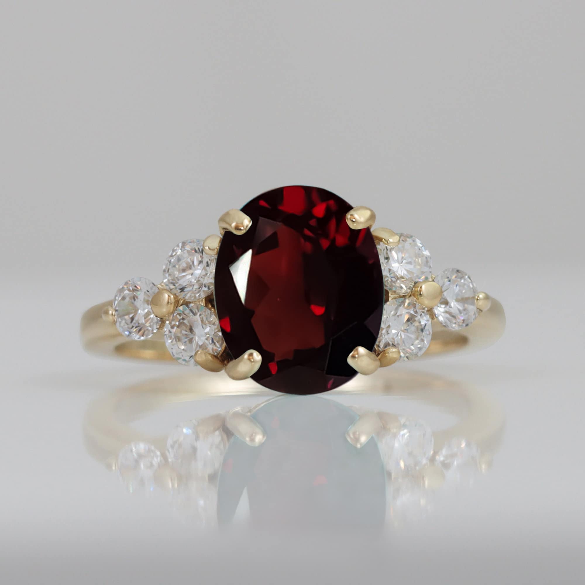 Oval Red Garnet Engagement Ring with Clear Quartz Accents - H.L.Jewelry