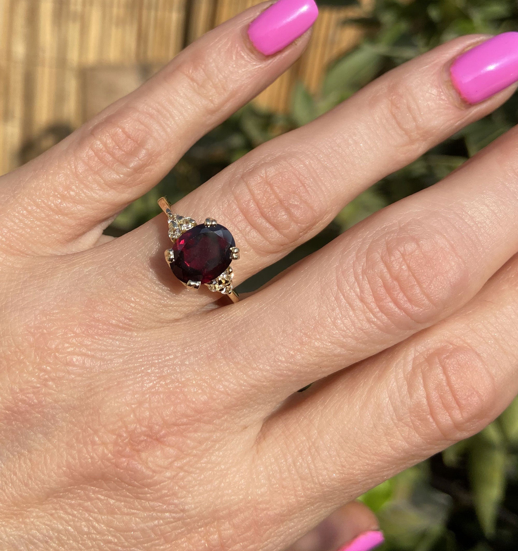 Oval Red Garnet Engagement Ring with Clear Quartz Accents - H.L.Jewelry