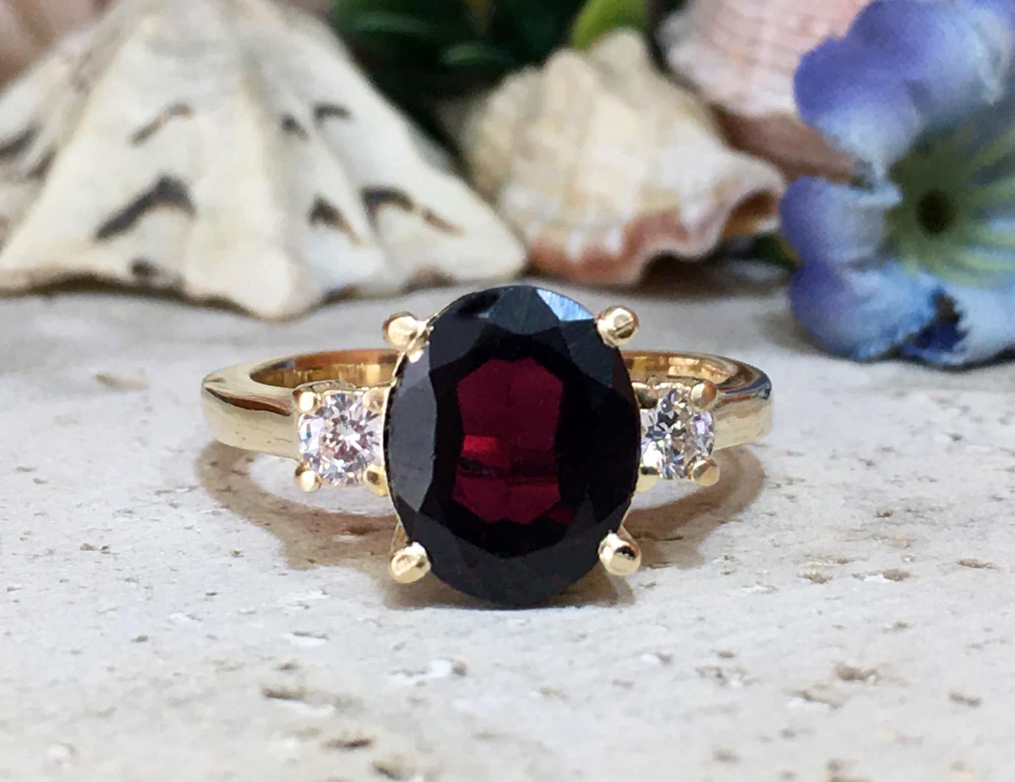 Oval Red Garnet Statement Ring with Clear Quartz Accents - H.L.Jewelry