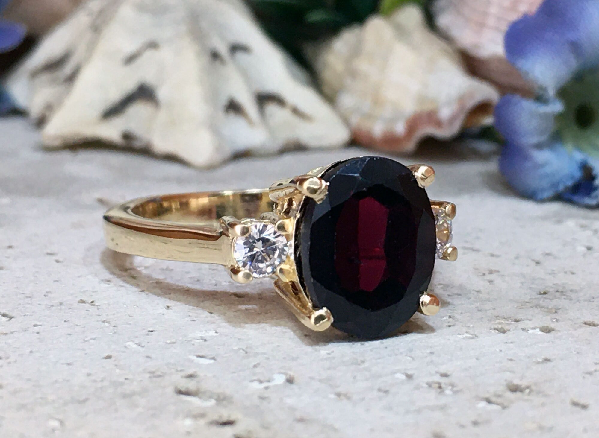 Oval Red Garnet Statement Ring with Clear Quartz Accents - H.L.Jewelry